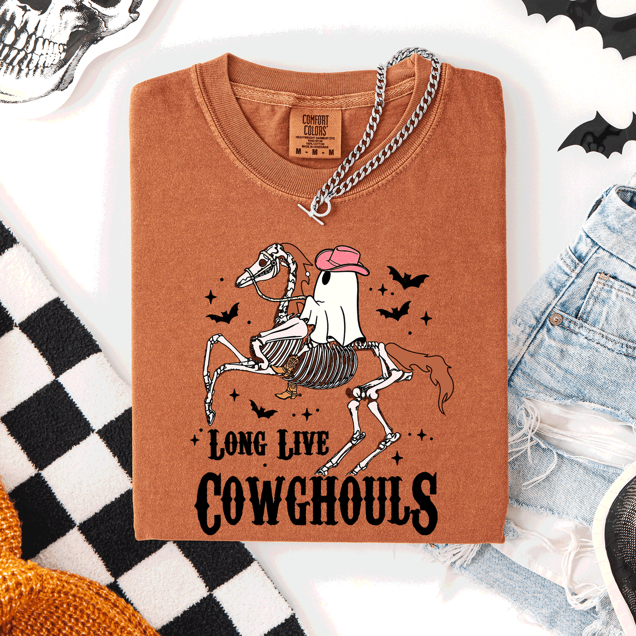 Long Live Cowghouls Skeleton Ghost Horse Halloween Spooky Night Gothic Vibes Comfort Colors Tee