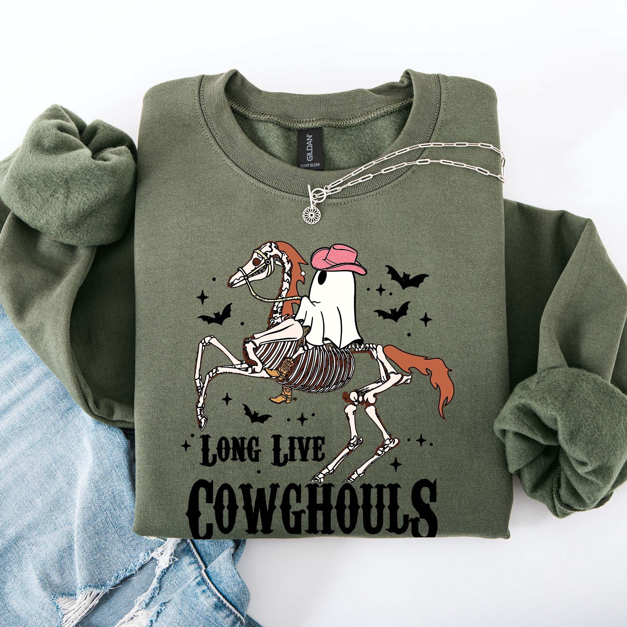 Long Live Cowghouls Skeleton Ghost Horse Halloween Western Inspired Graphic Sweatshirt