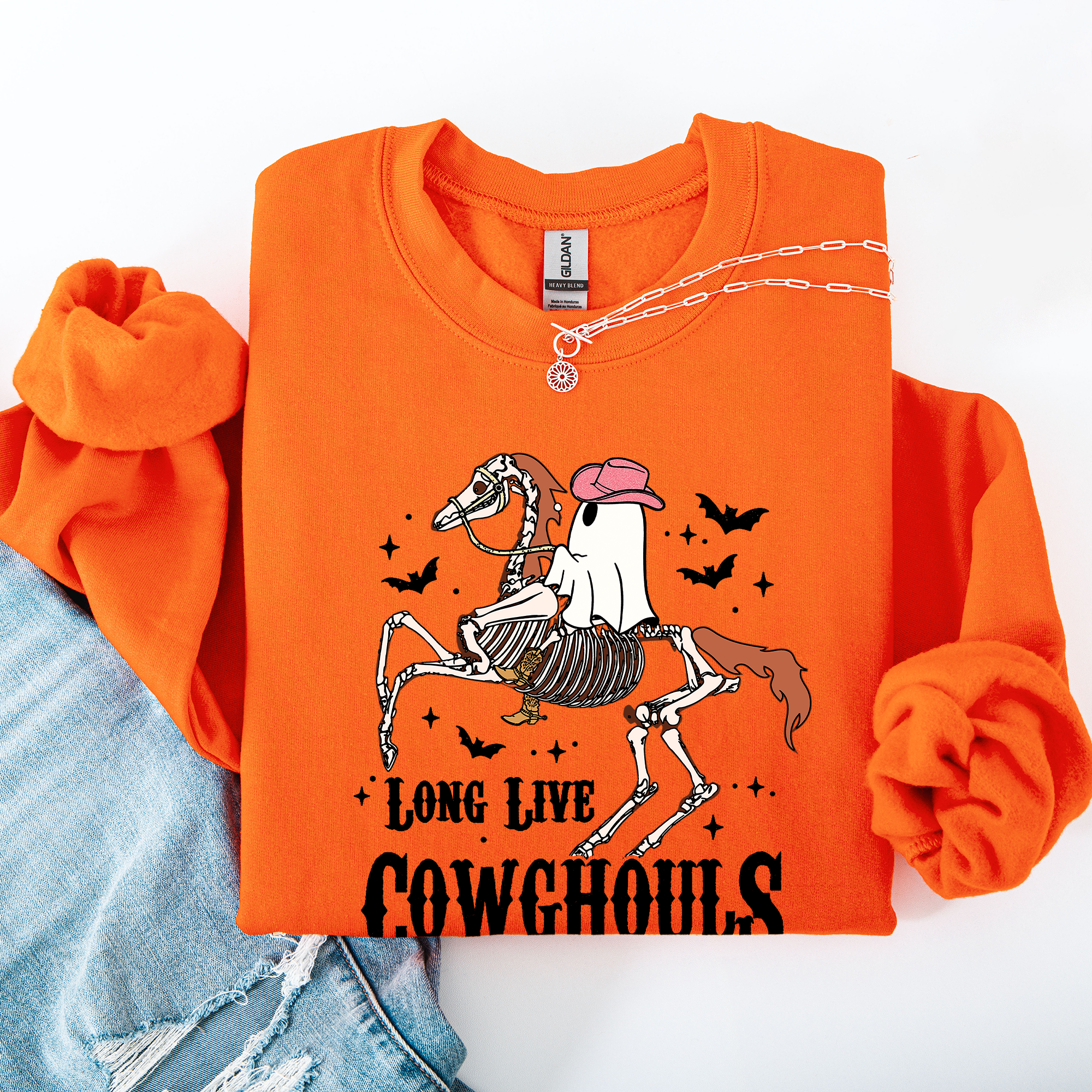 Long Live Cowghouls Skeleton Ghost Horse Halloween Western Inspired Graphic Sweatshirt