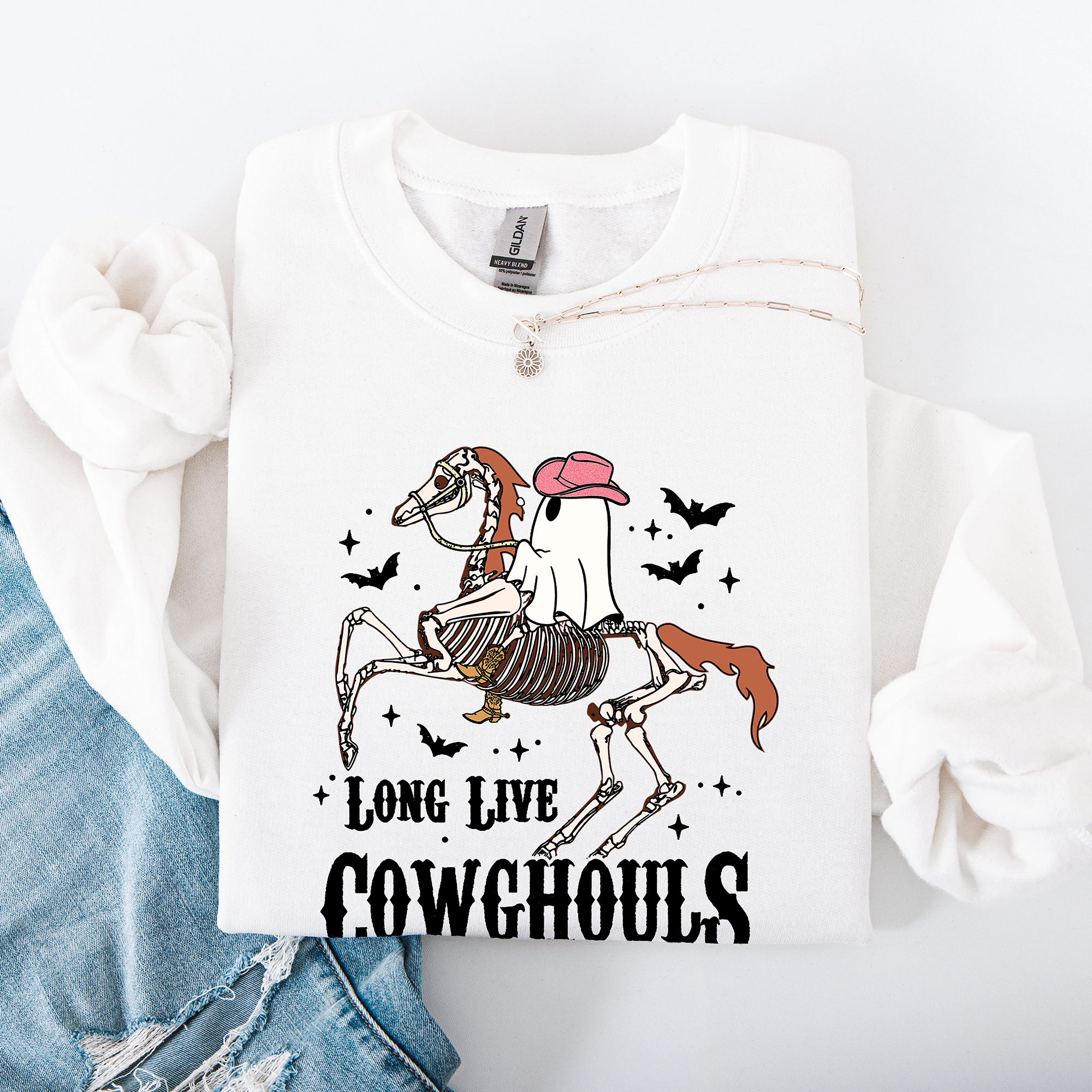 Long Live Cowghouls Skeleton Ghost Horse Halloween Western Inspired Graphic Sweatshirt
