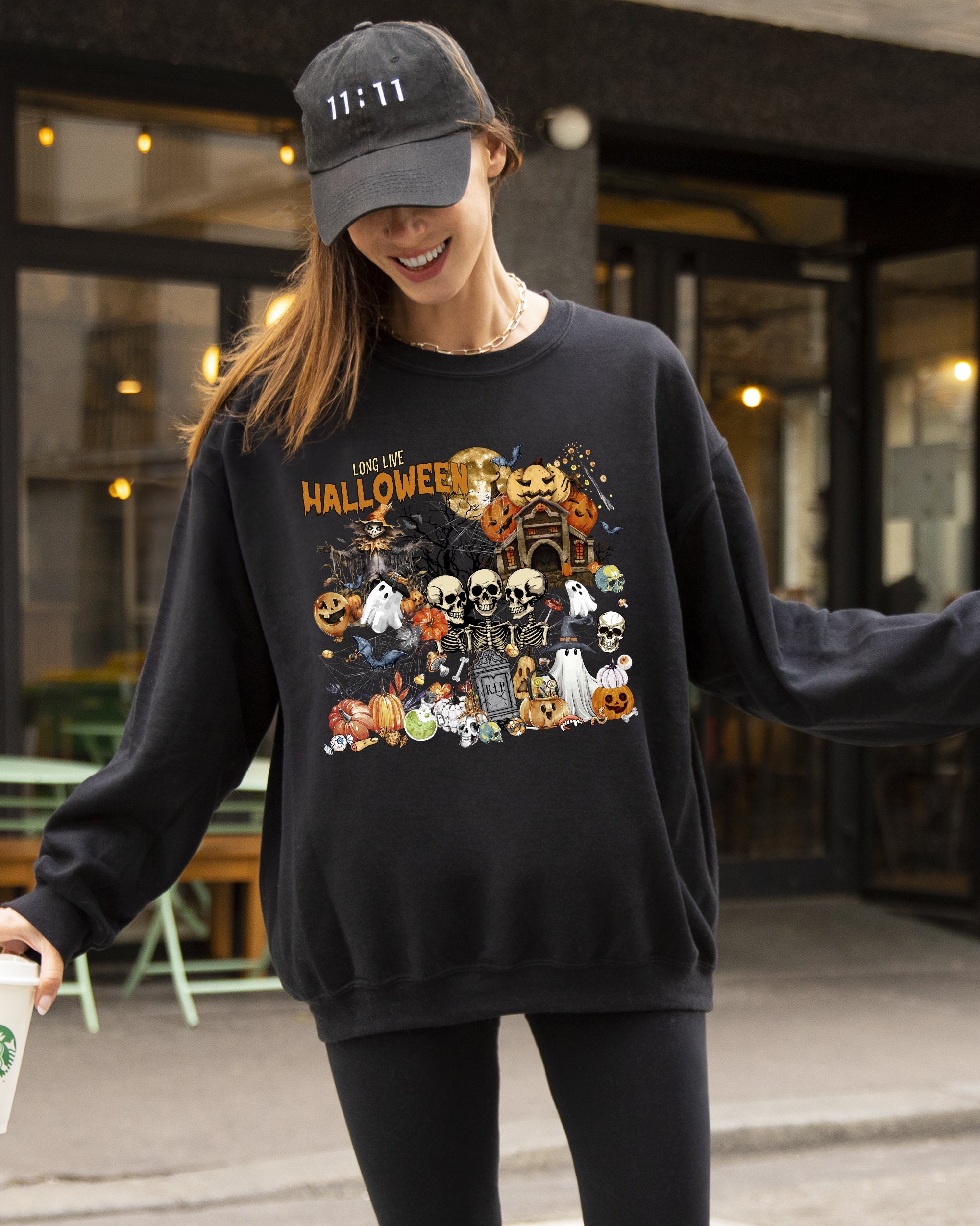 Long Live Halloween Spooky Scene Witch Skeleton Ghost Haunted Classic Graphic Sweatshirt