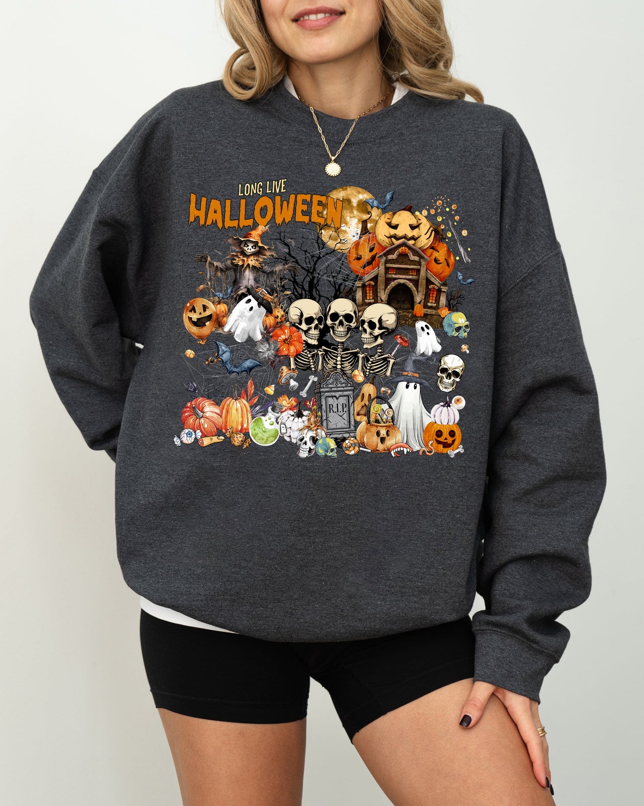 Long Live Halloween Spooky Scene Witch Skeleton Ghost Haunted Classic Graphic Sweatshirt
