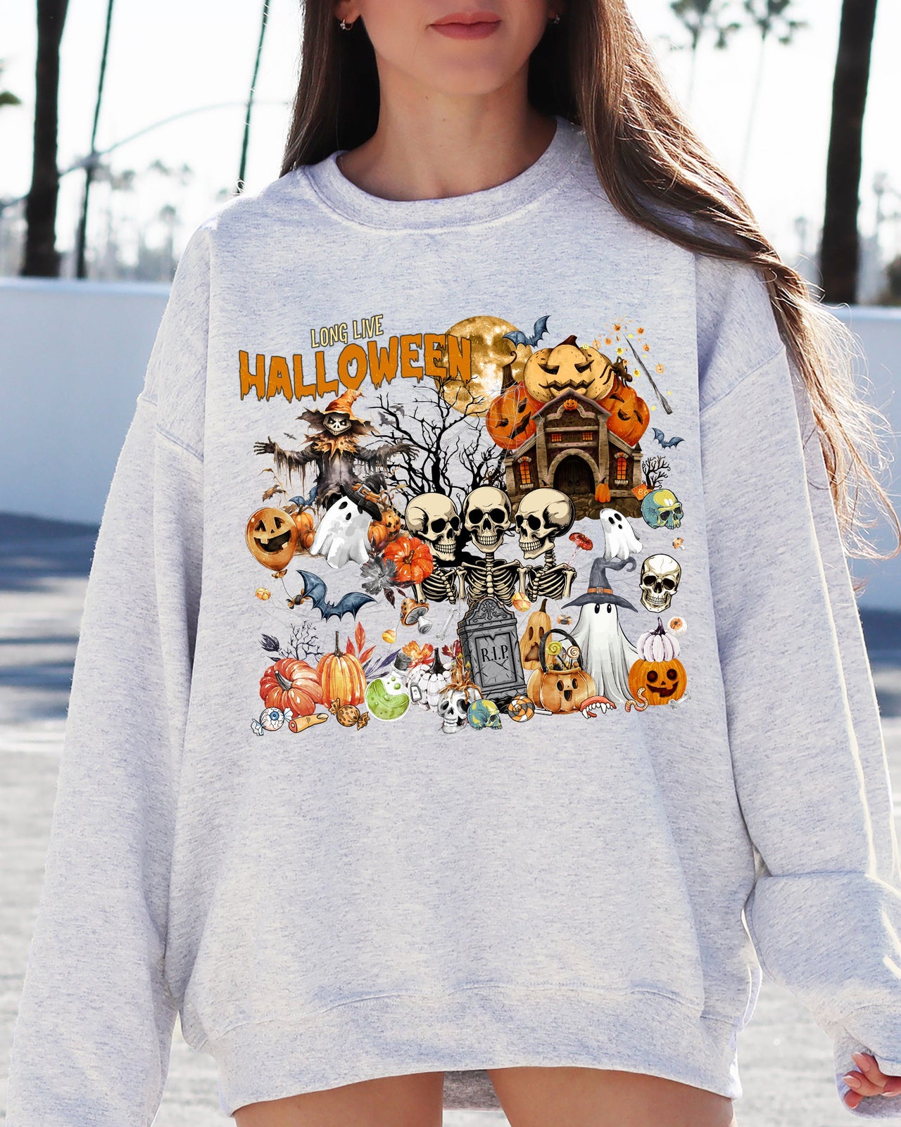 Long Live Halloween Spooky Scene Witch Skeleton Ghost Haunted Classic Graphic Sweatshirt