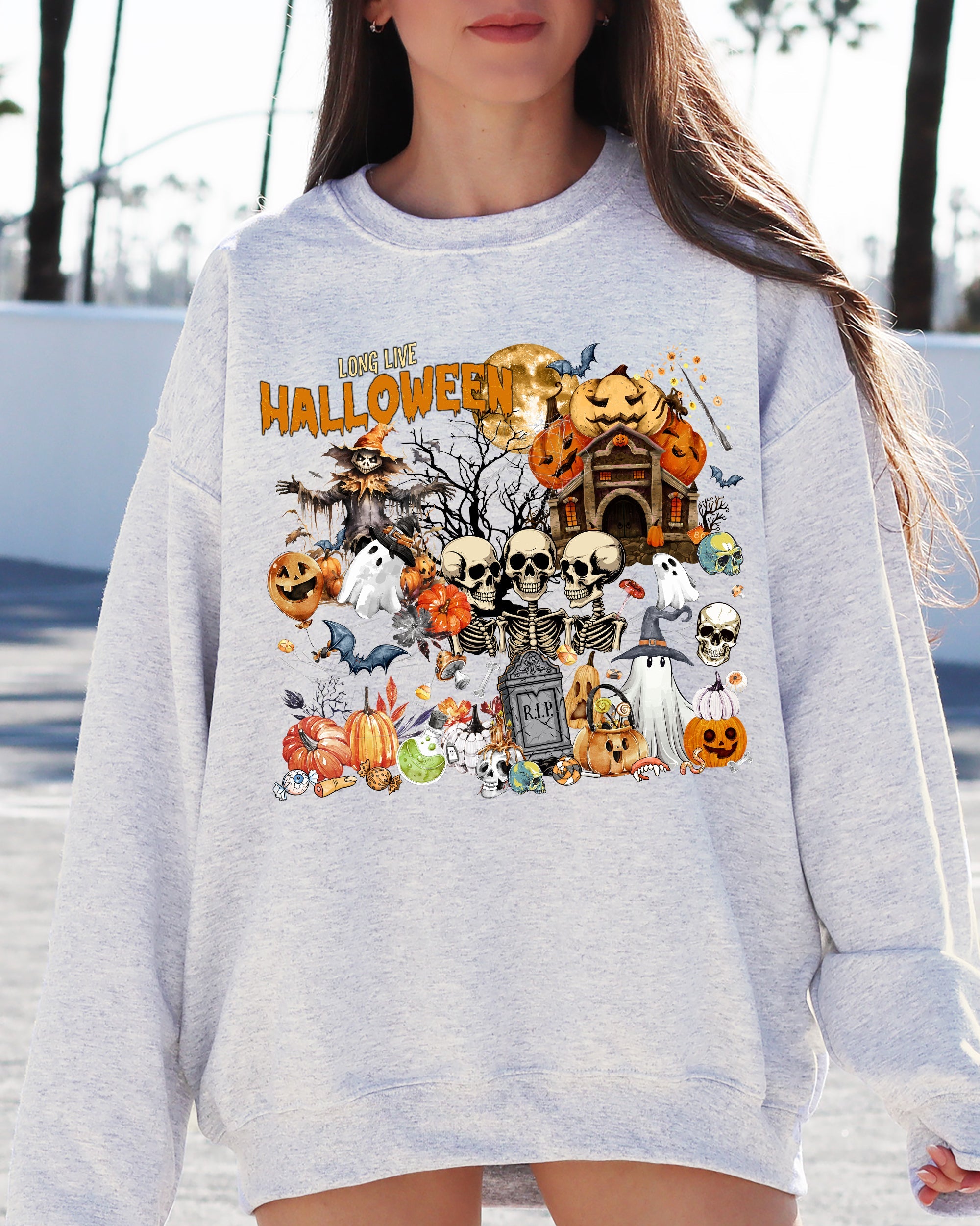 Long Live Halloween Spooky Scene Witch Skeleton Ghost Haunted Classic Graphic Sweatshirt