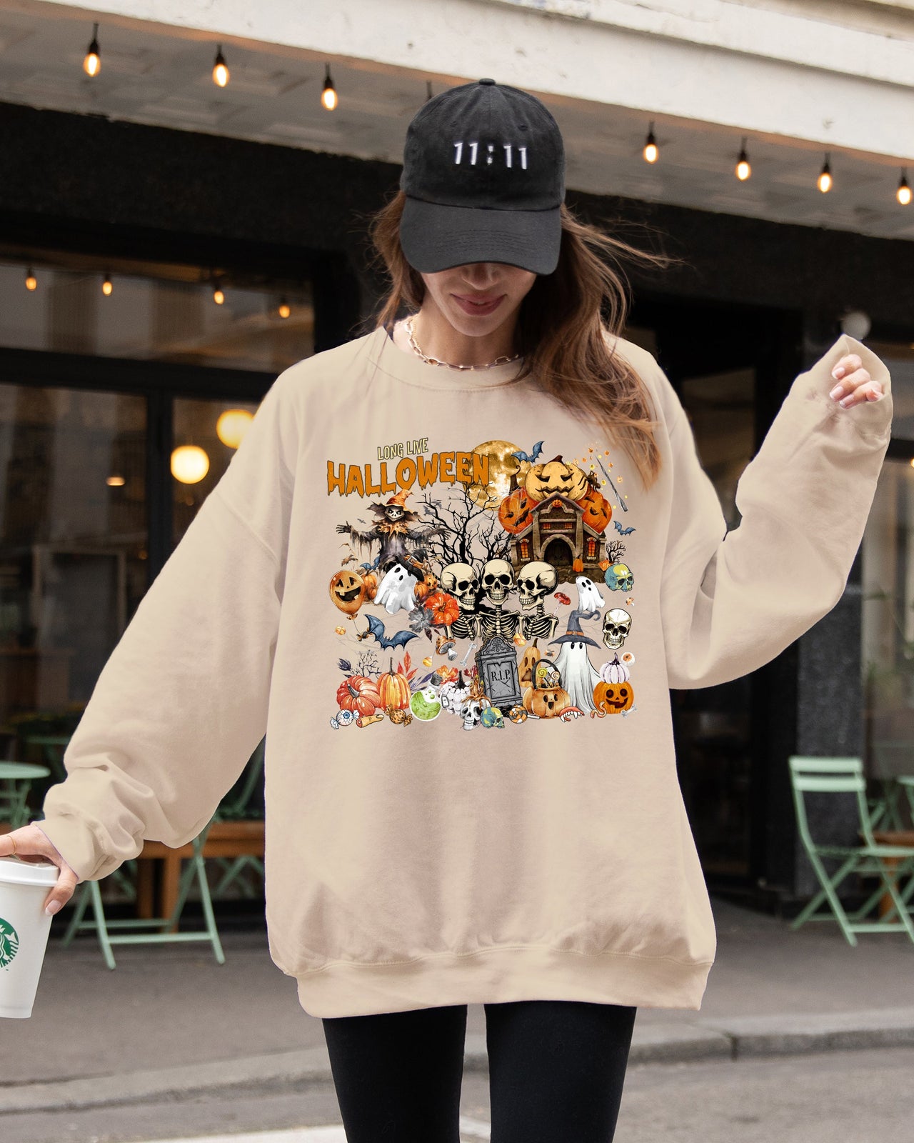 Long Live Halloween Spooky Scene Witch Skeleton Ghost Haunted Classic Graphic Sweatshirt