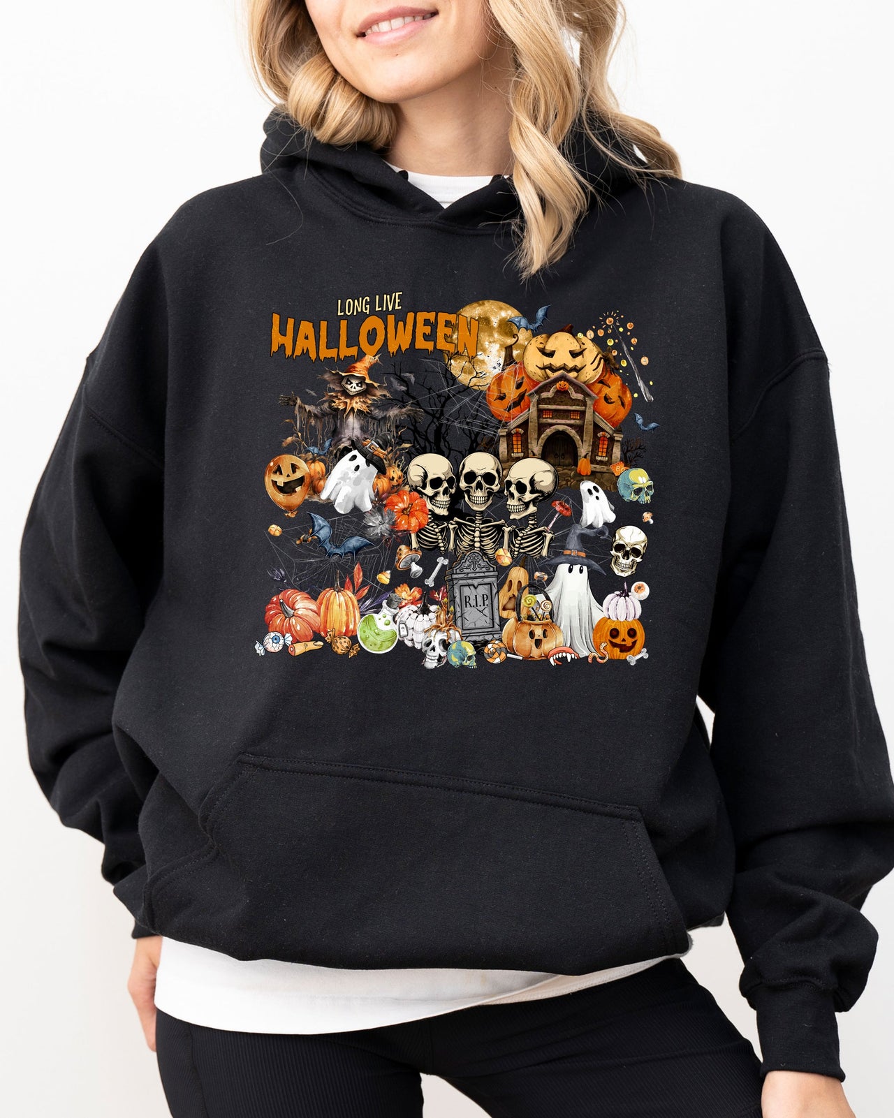 Long Live Halloween Spooky Scene Witch Skeleton Ghost Haunted Edition Hooded Sweatshirt