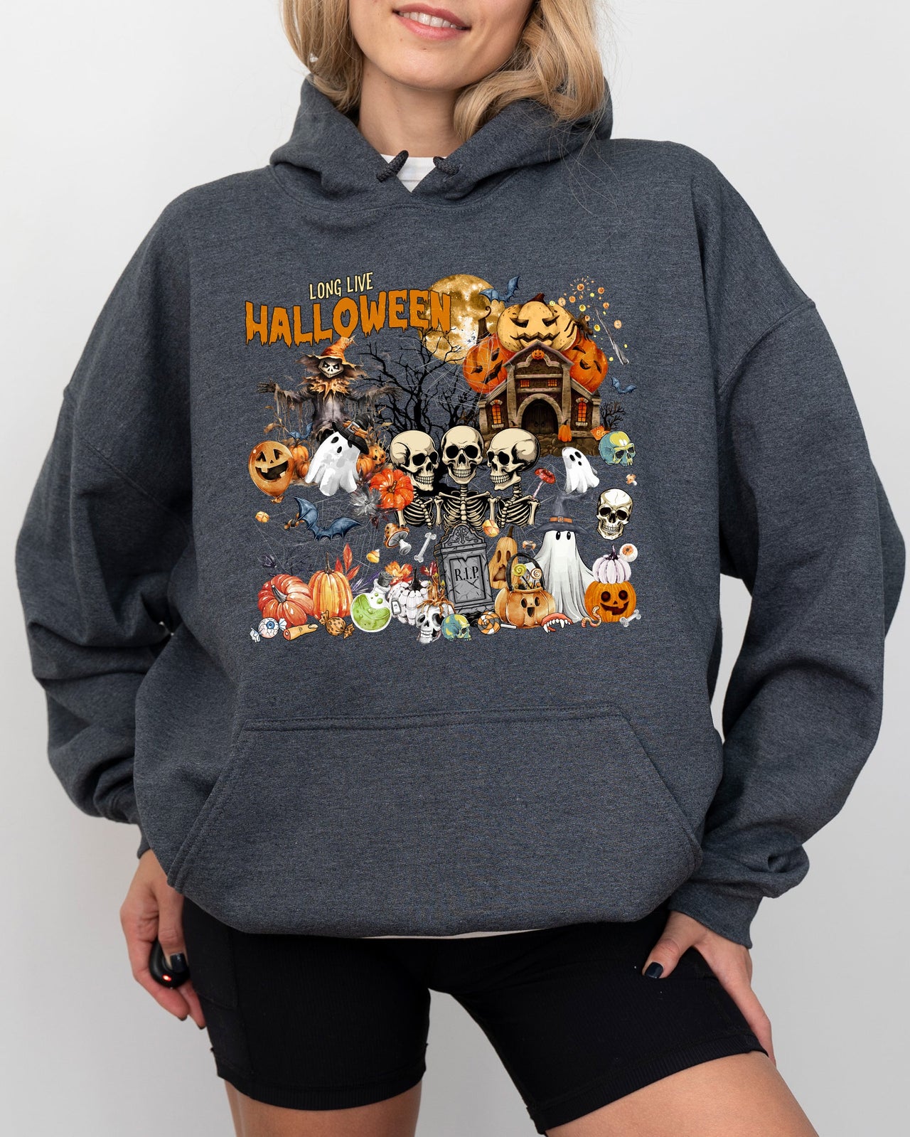 Long Live Halloween Spooky Scene Witch Skeleton Ghost Haunted Edition Hooded Sweatshirt