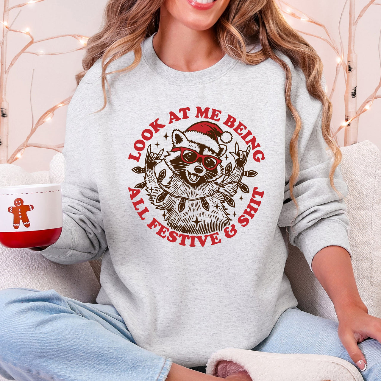 Look At Me Being All Festive And Shit With Santa Raccoon Retro Holiday Humor Illustration Sweatshirt