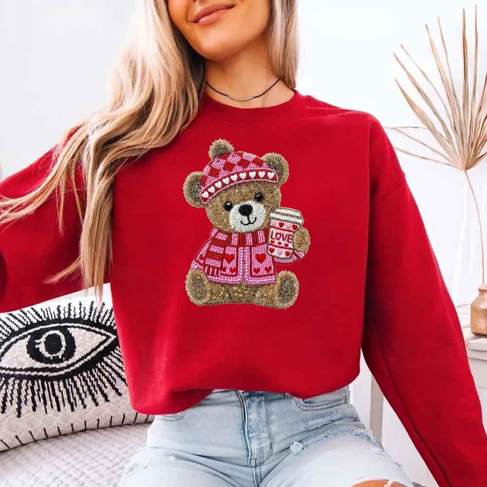 Love Coffee Teddy Valentine Sweatshirt – Furry Look 3D Print Sweater