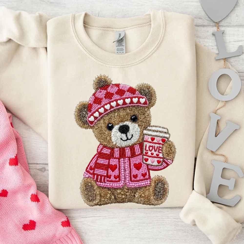 Love Coffee Teddy Valentine Sweatshirt – Furry Look 3D Print Sweater