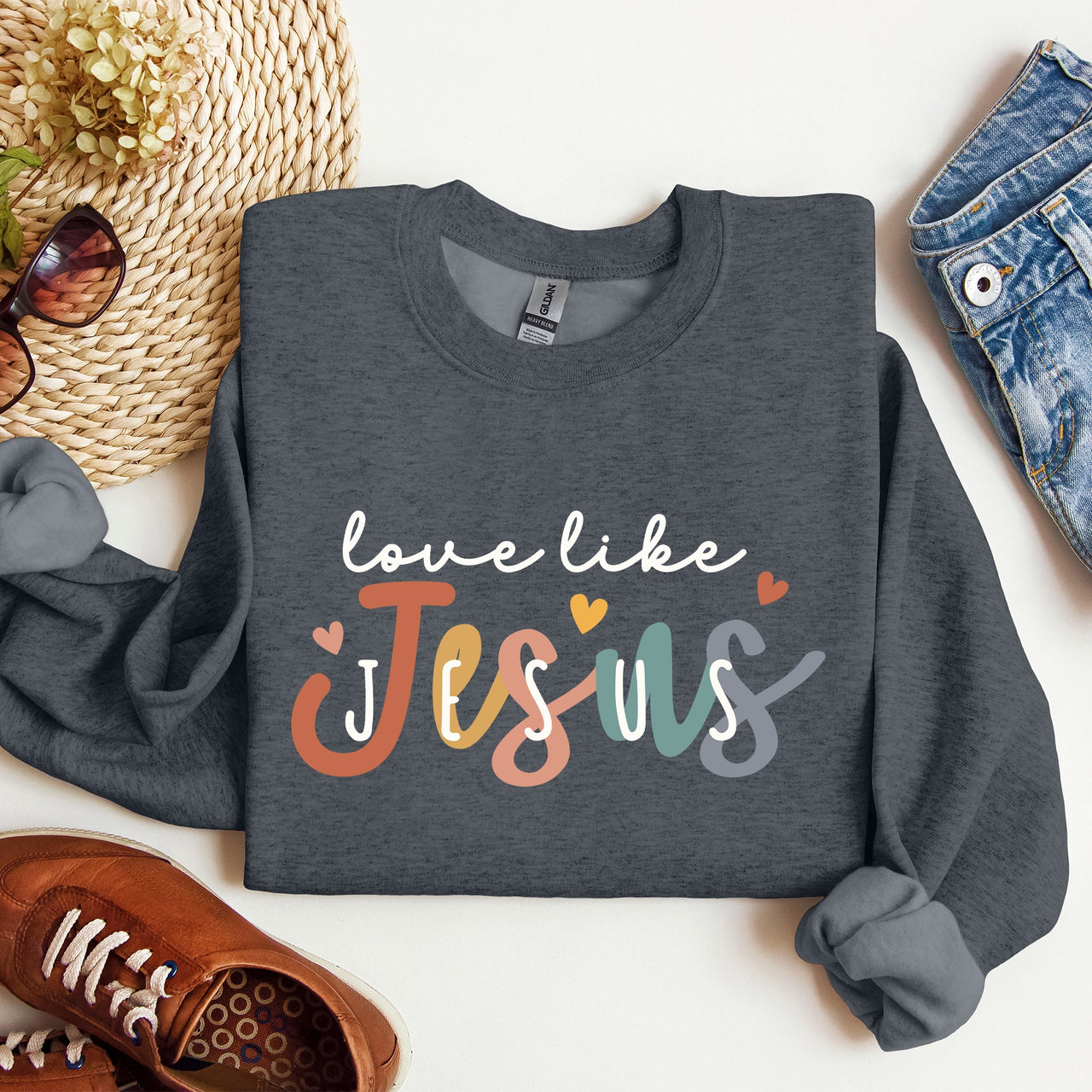 Love Like Jesus Hearts Colorful Christian Gospel Faith Inspirational Message Bold Style Sweatshirt