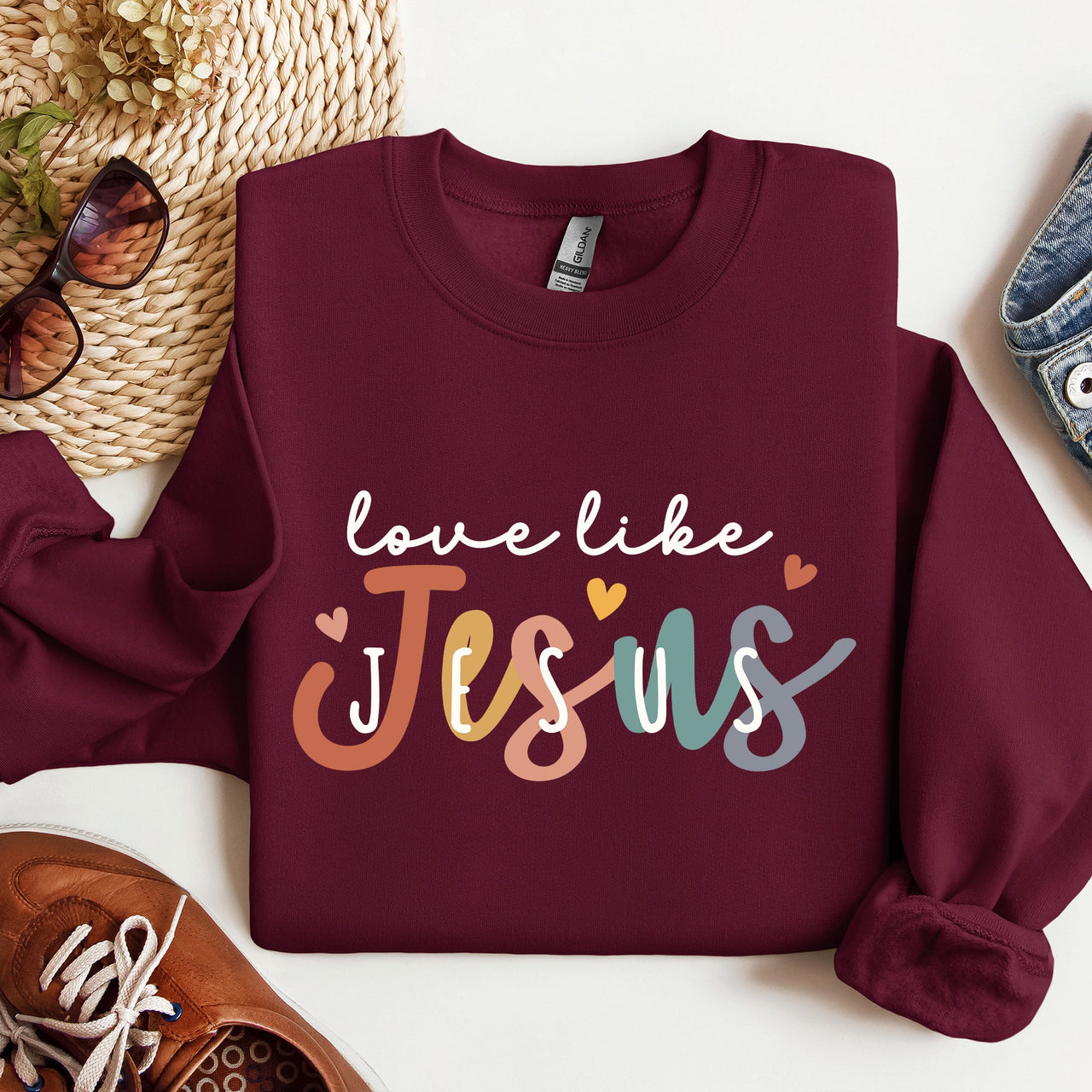 Love Like Jesus Hearts Colorful Christian Gospel Faith Inspirational Message Bold Style Sweatshirt