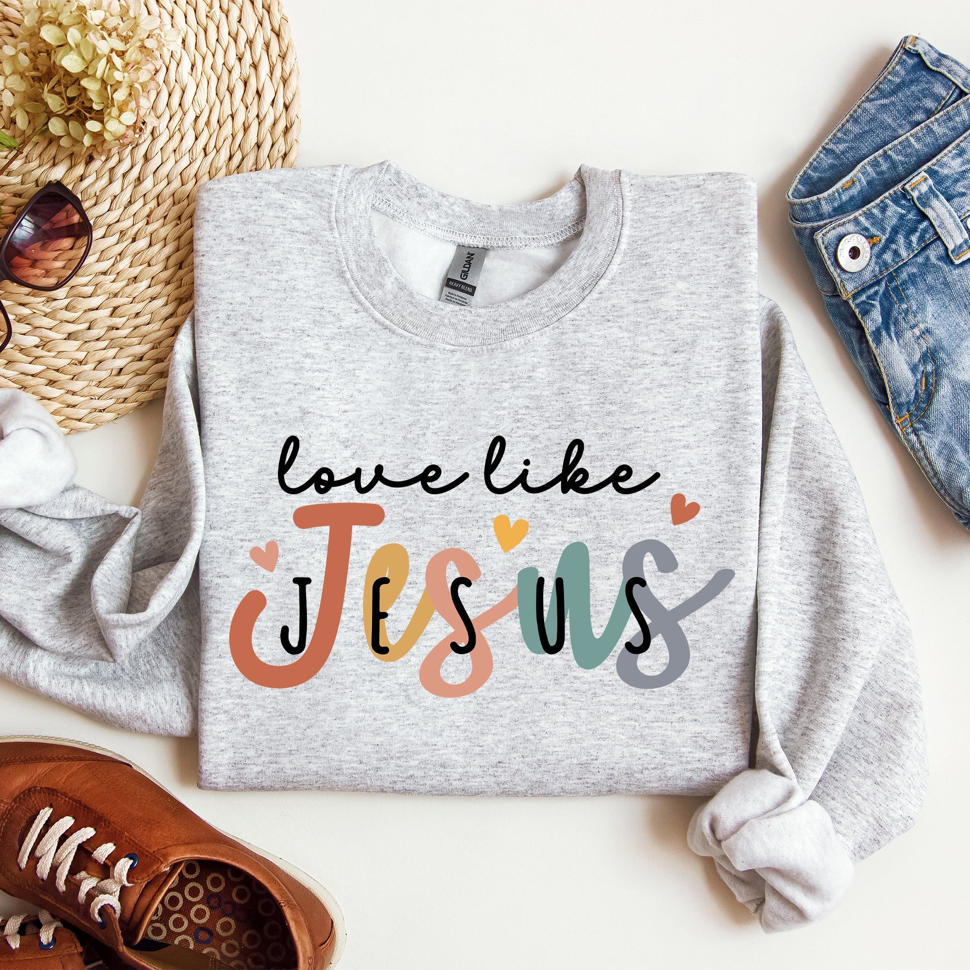 Love Like Jesus Hearts Colorful Christian Gospel Faith Inspirational Message Bold Style Sweatshirt