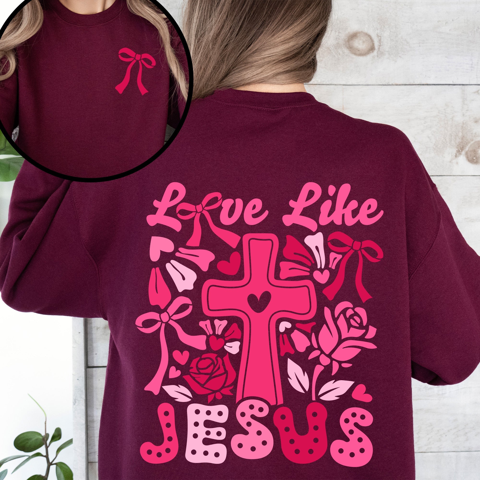 Love Like Jesus Valentine's Day Heart Cross Faith Christian Religious Front and Back Sweatshirt