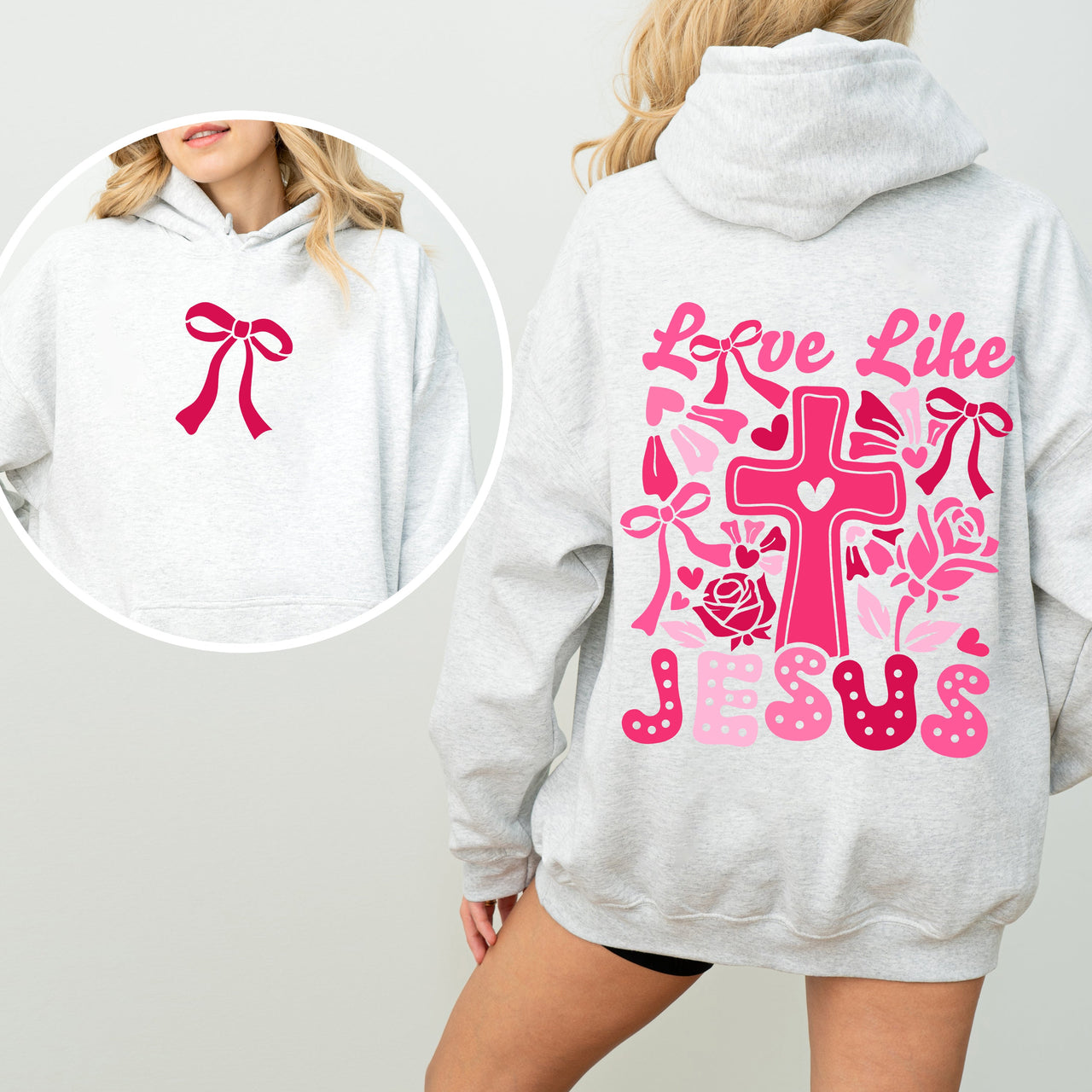 Love Like Jesus Valentines Theme Heart Cross Print Front and Back Christian Premium Hoodie