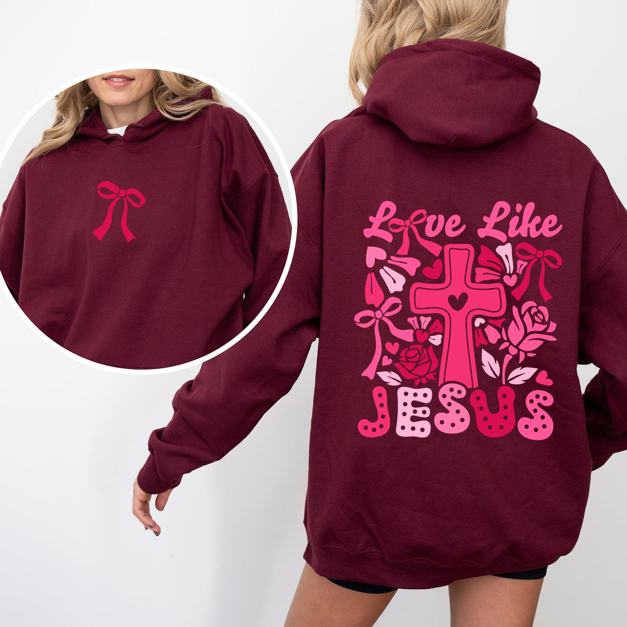 Love Like Jesus Valentines Theme Heart Cross Print Front and Back Christian Premium Hoodie