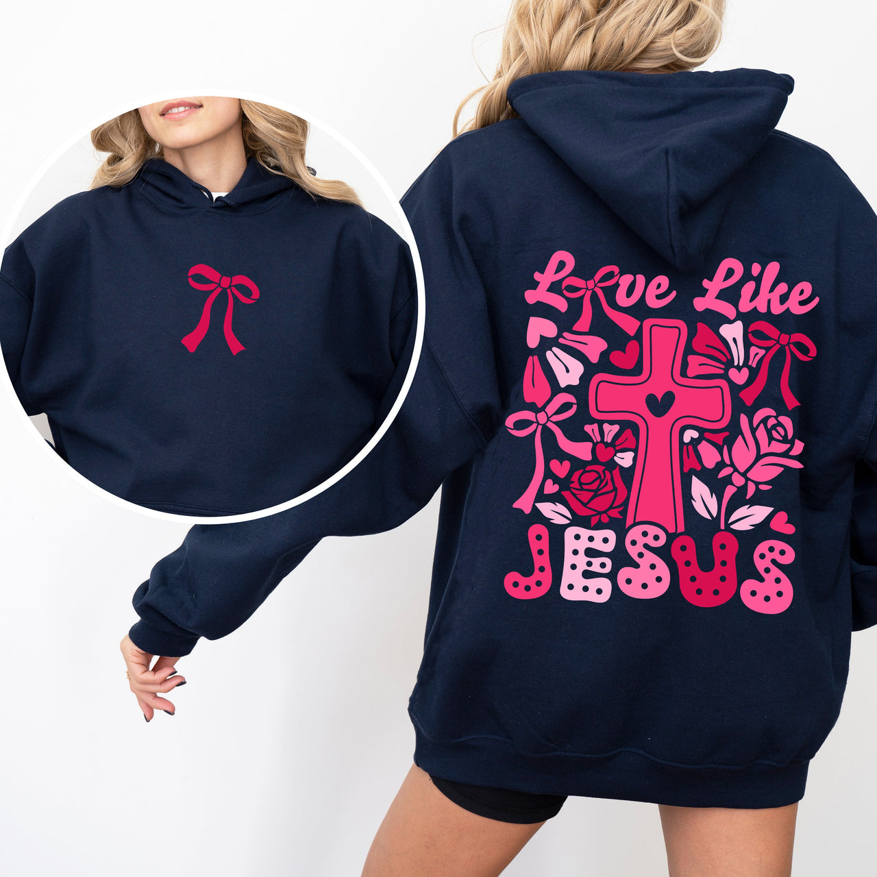 Love Like Jesus Valentines Theme Heart Cross Print Front and Back Christian Premium Hoodie