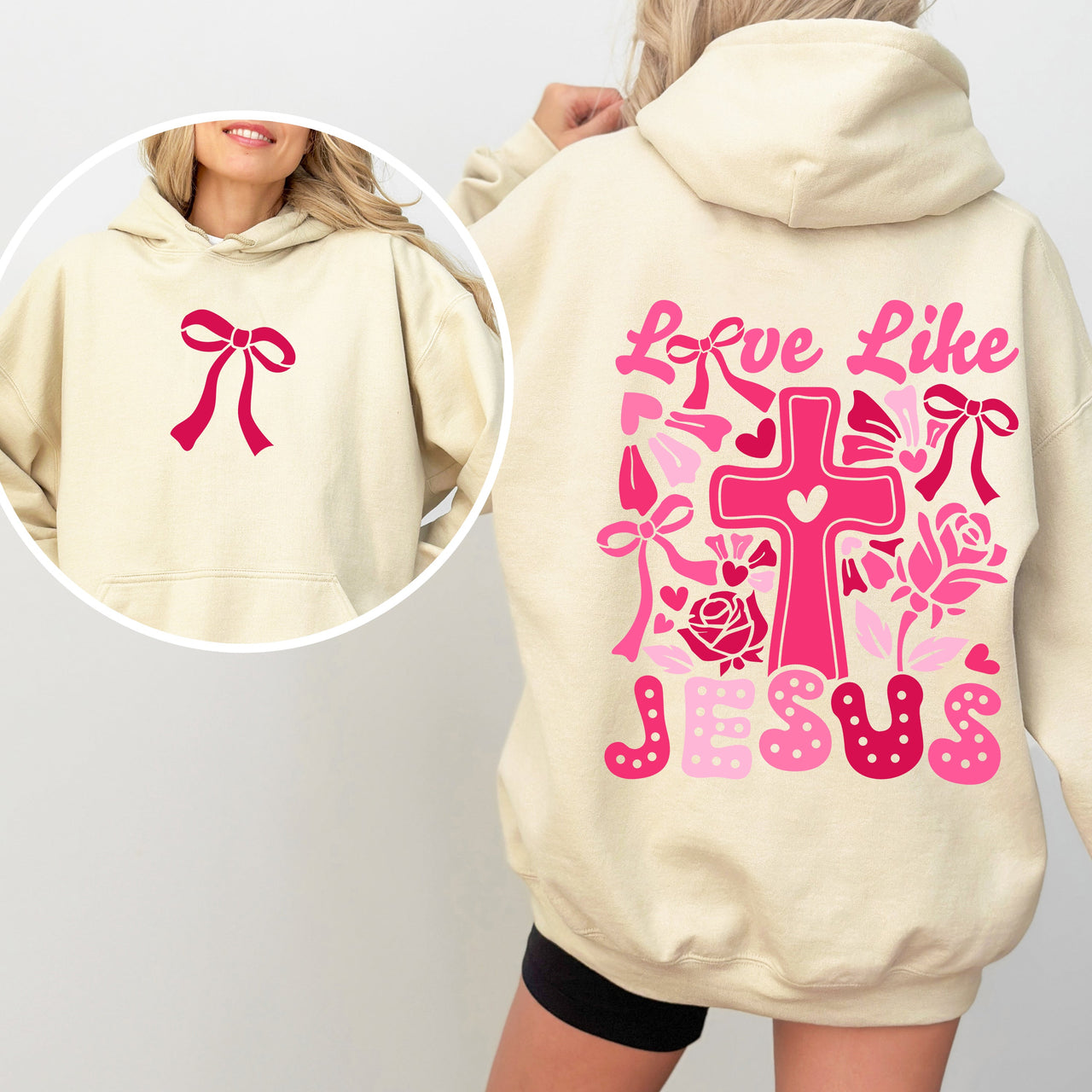 Love Like Jesus Valentines Theme Heart Cross Print Front and Back Christian Premium Hoodie