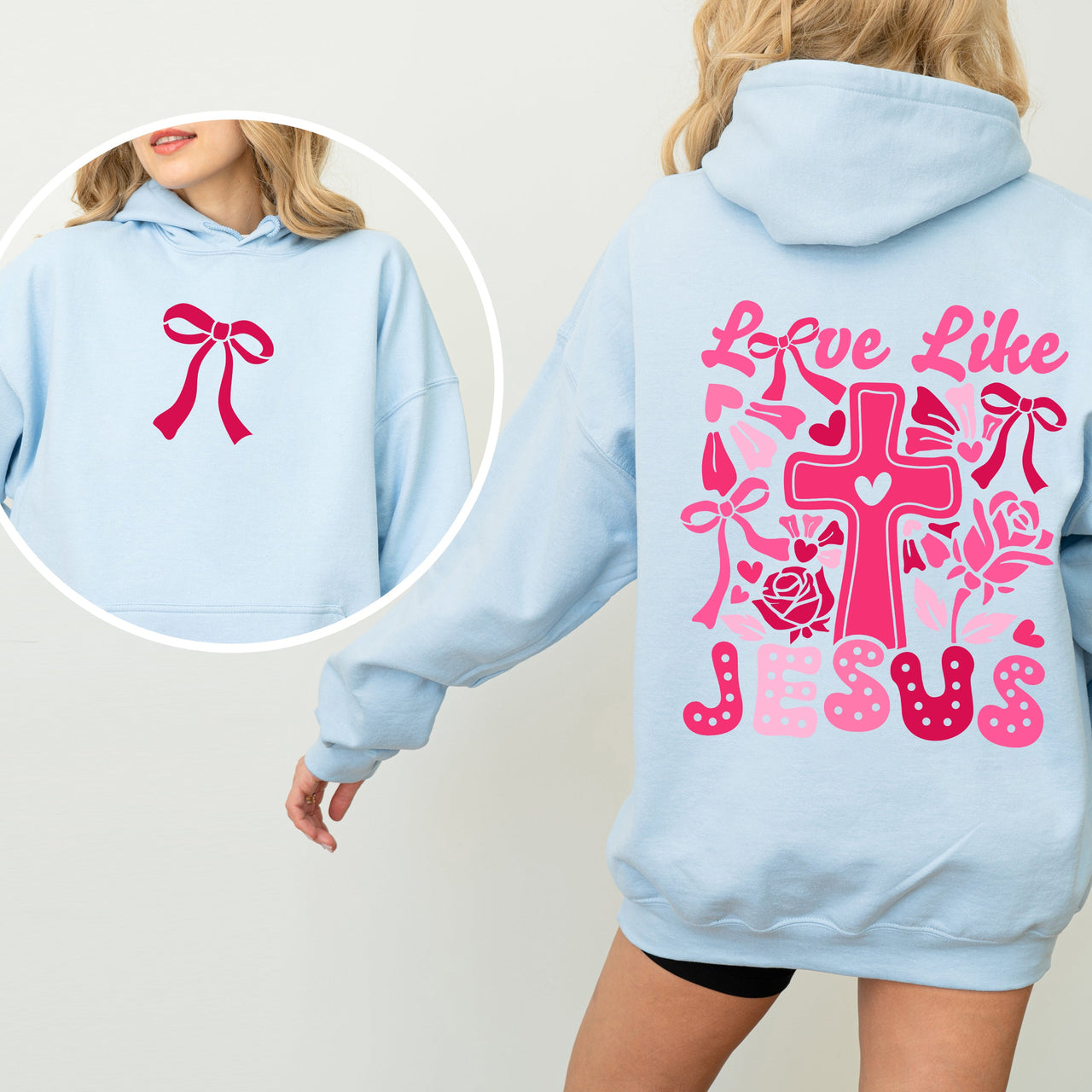 Love Like Jesus Valentines Theme Heart Cross Print Front and Back Christian Premium Hoodie