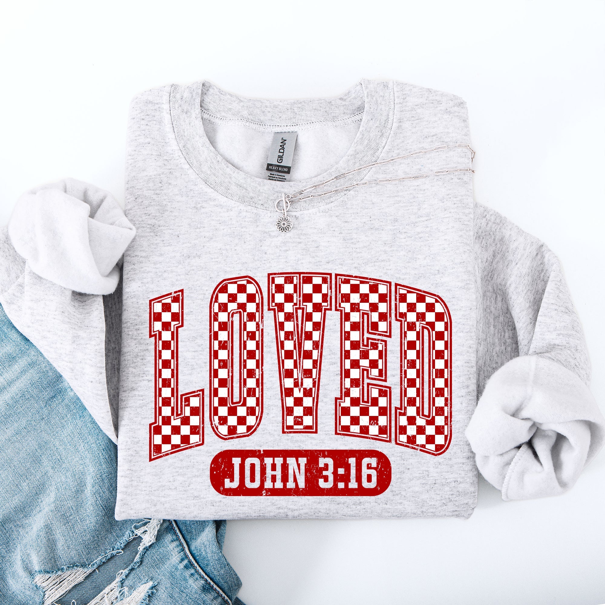 Loved John 3:16 Checkered Cozy Valentine Love Christian Faith Scripture Sweatshirt