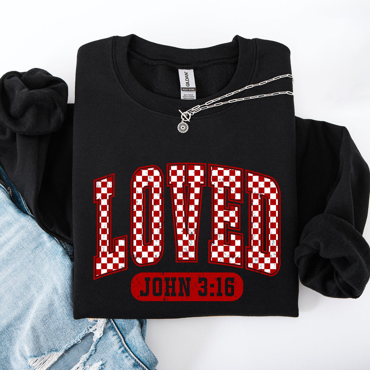 Loved John 3:16 Checkered Cozy Valentine Love Christian Faith Scripture Sweatshirt