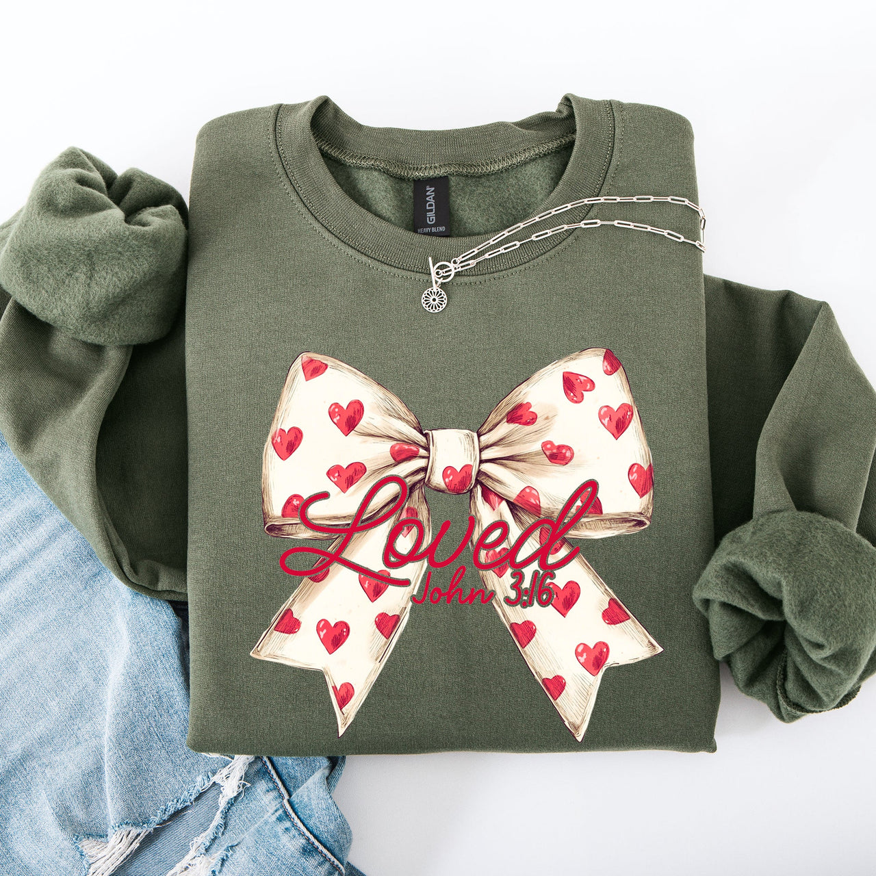 Loved John 3:16 Valentine's Day Hearts Ribbon Bow Christian Faith Bible Verse Inspired Sweatshirt
