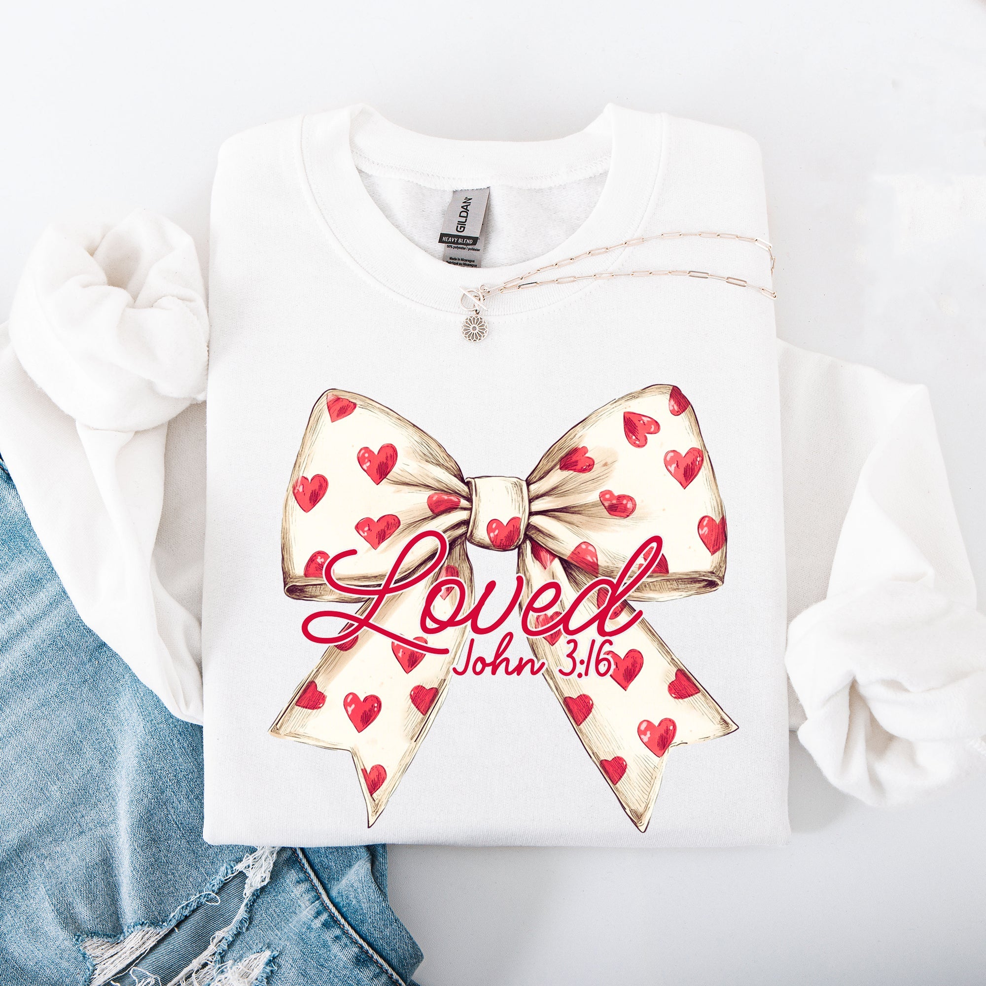Loved John 3:16 Valentine's Day Hearts Ribbon Bow Christian Faith Bible Verse Inspired Sweatshirt