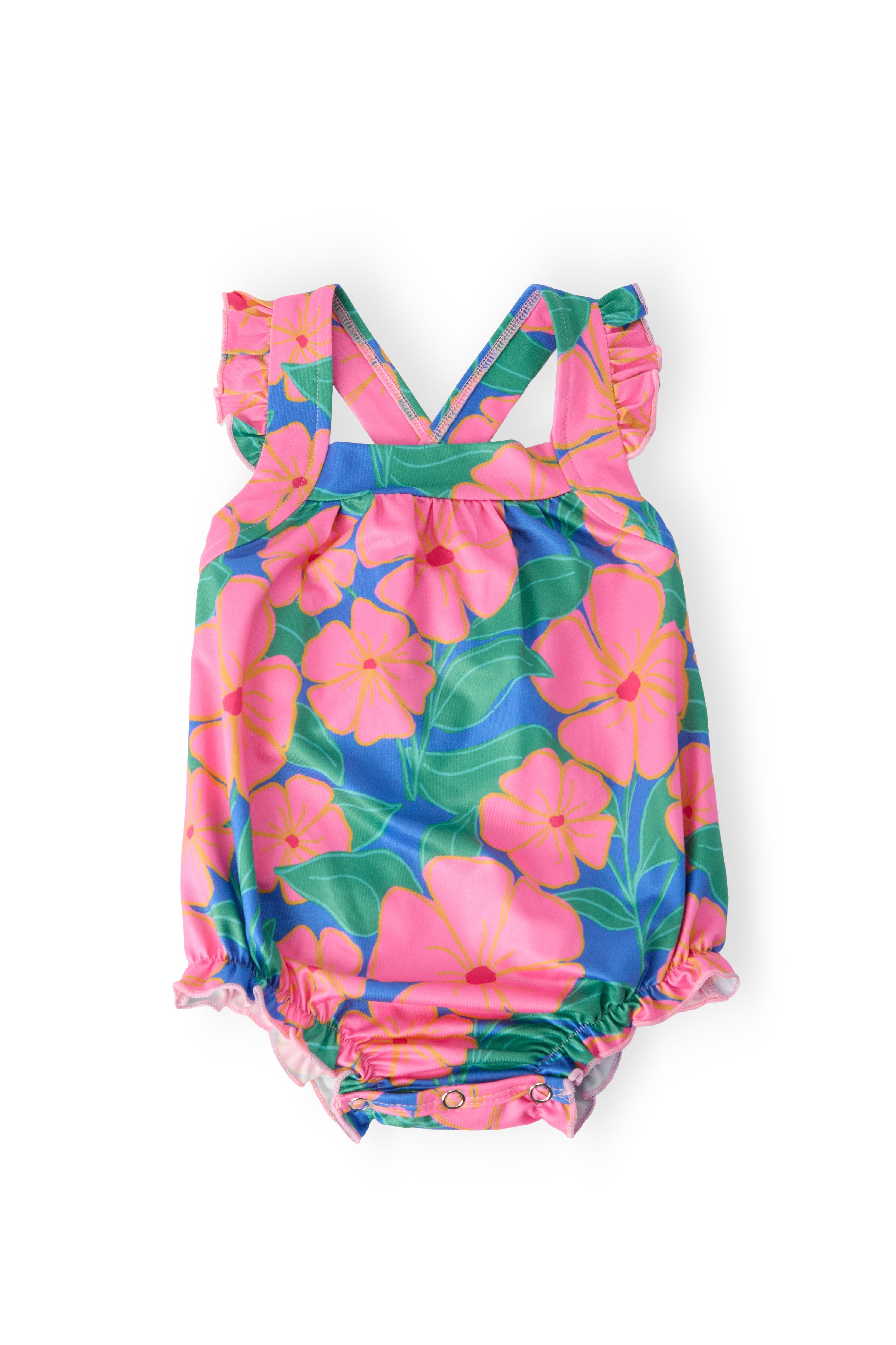 Luau Floral Ruffle Cross Back Romper