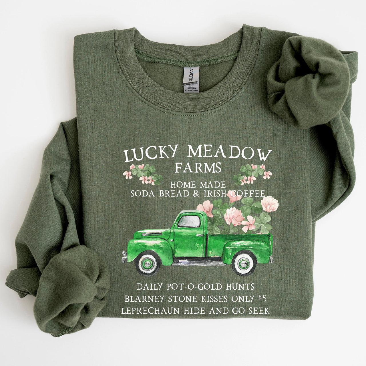 Lucky Meadow Farms St Patrick's Day Edition Shamrock Garden Sunset Design Cozy Premium Cotton Graphic Sweatshirt