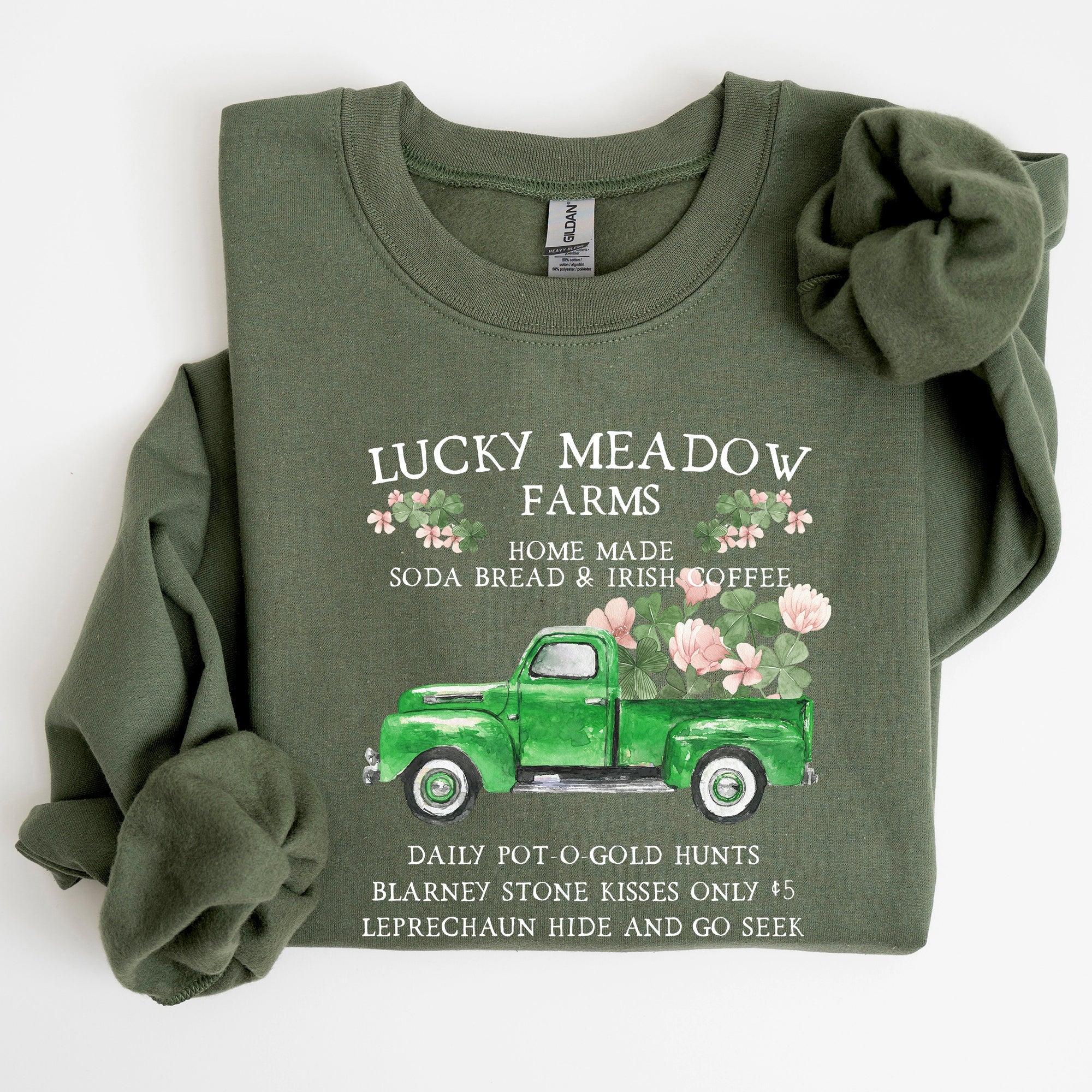 Lucky Meadow Farms St Patrick's Day Edition Shamrock Garden Sunset Design Cozy Premium Cotton Graphic Sweatshirt