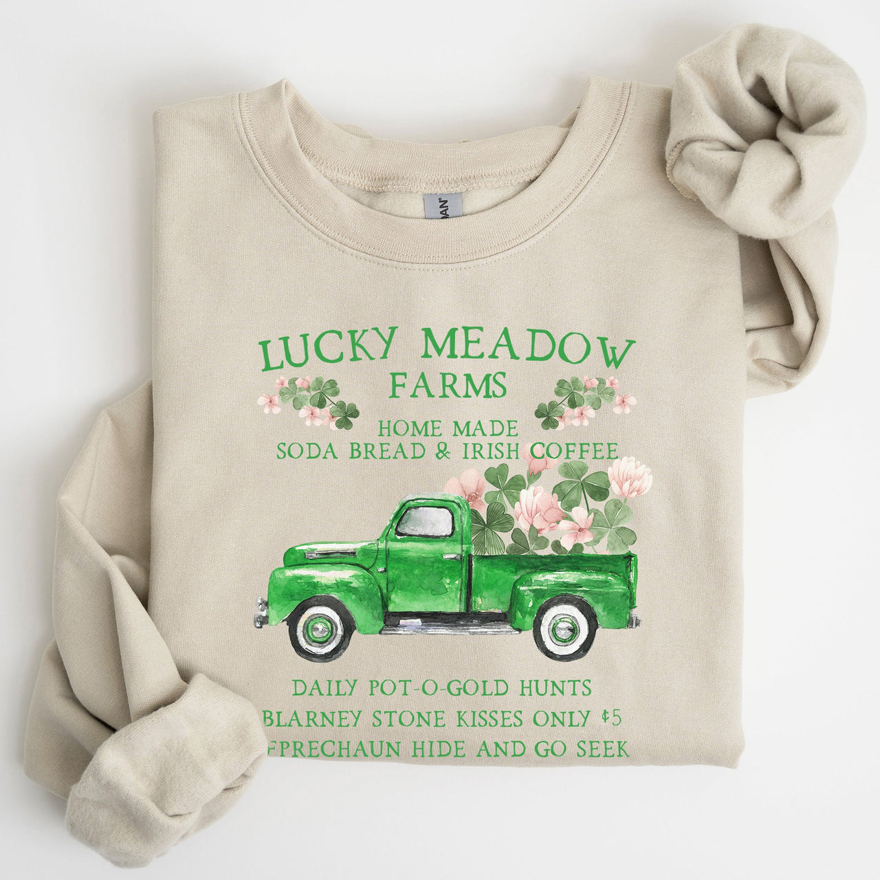 Lucky Meadow Farms St Patrick's Day Edition Shamrock Garden Sunset Design Cozy Premium Cotton Graphic Sweatshirt