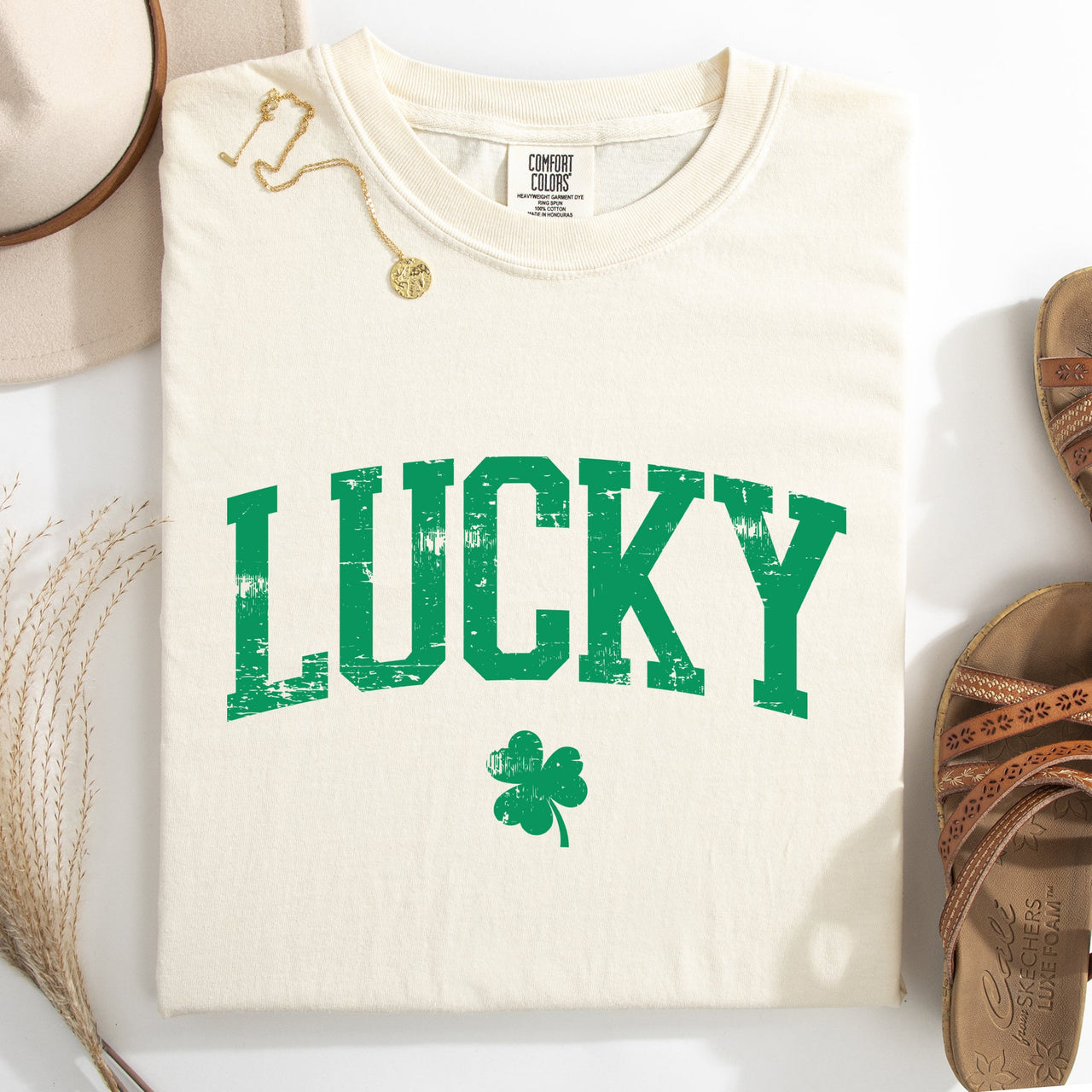 Lucky Leprechaun Shamrock Clover St Patrick's Day Collegiate Varsity Comfort Colors Tee