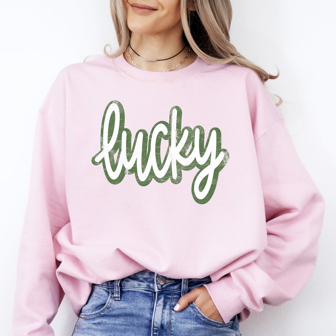 Lucky Cursive Vintage St Patrick's Day Shamrock Clover Leprechaun Graphic Sweatshirt