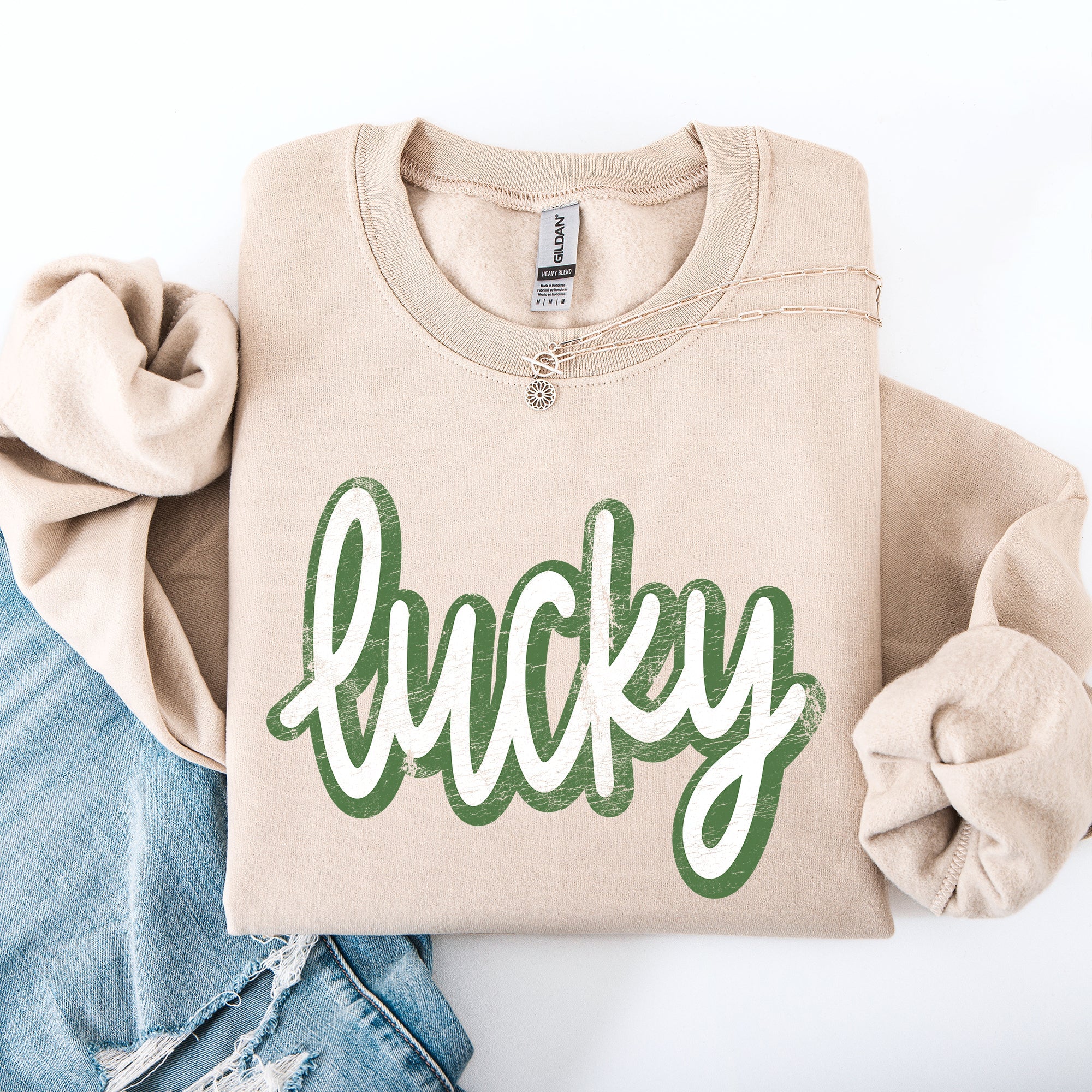 Lucky Cursive Vintage St Patrick's Day Shamrock Clover Leprechaun Graphic Sweatshirt