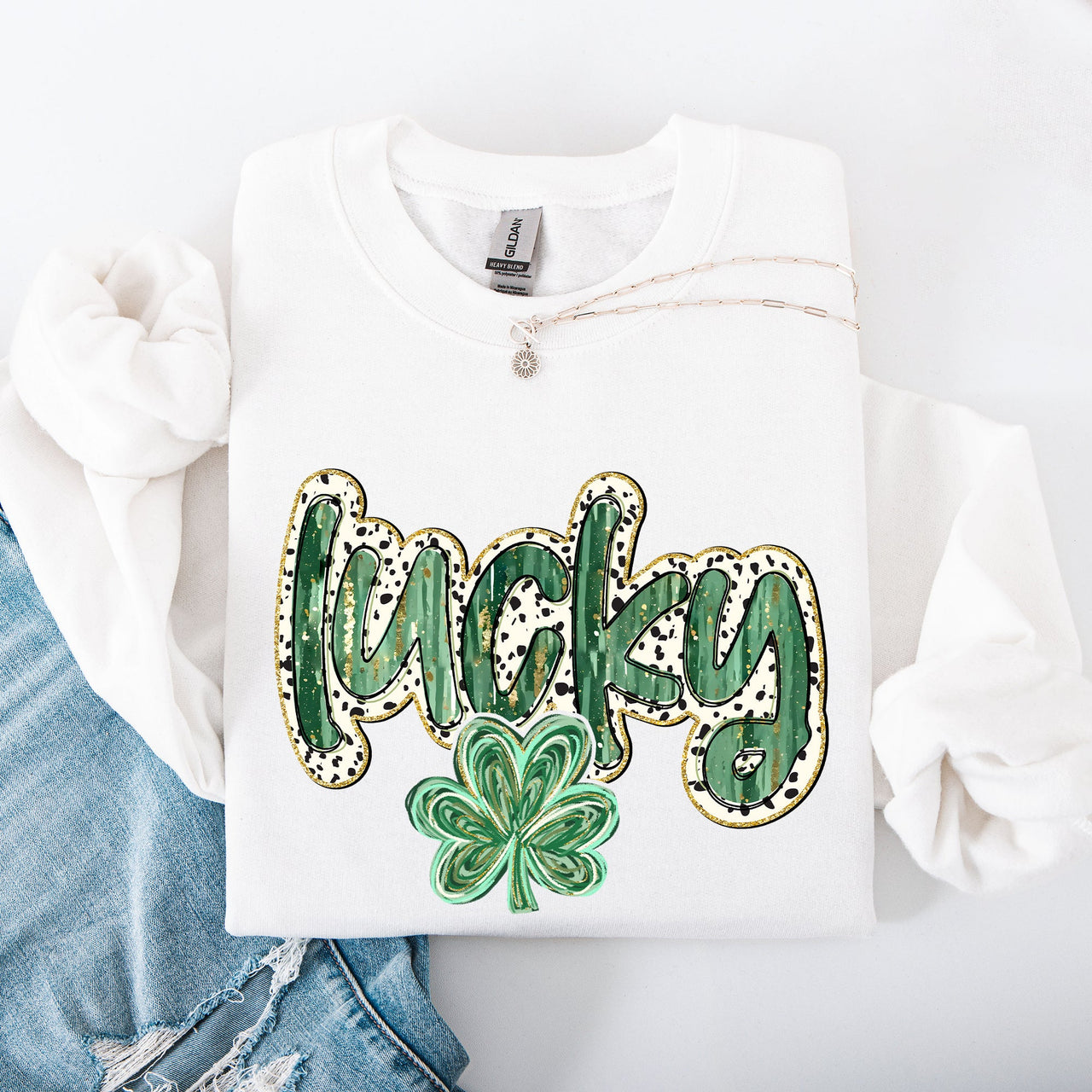 Lucky Dalmatian Print Leprechaun Shamrock Clover St Patrick's Day Festive Sweatshirt