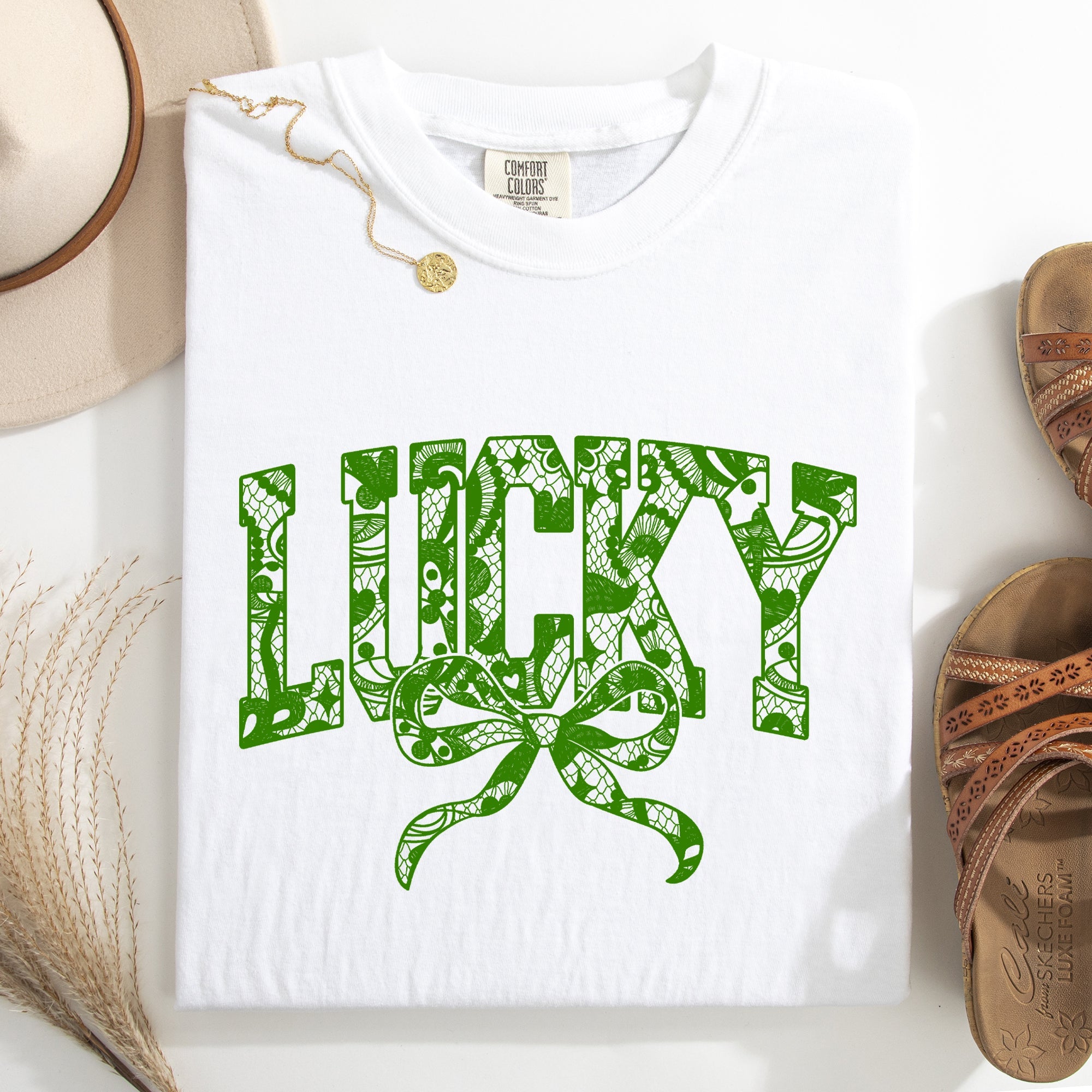 Lucky Lace Coquette Ribbon St Patrick's Day Shamrock Clover Leprechaun Comfort Colors Tee