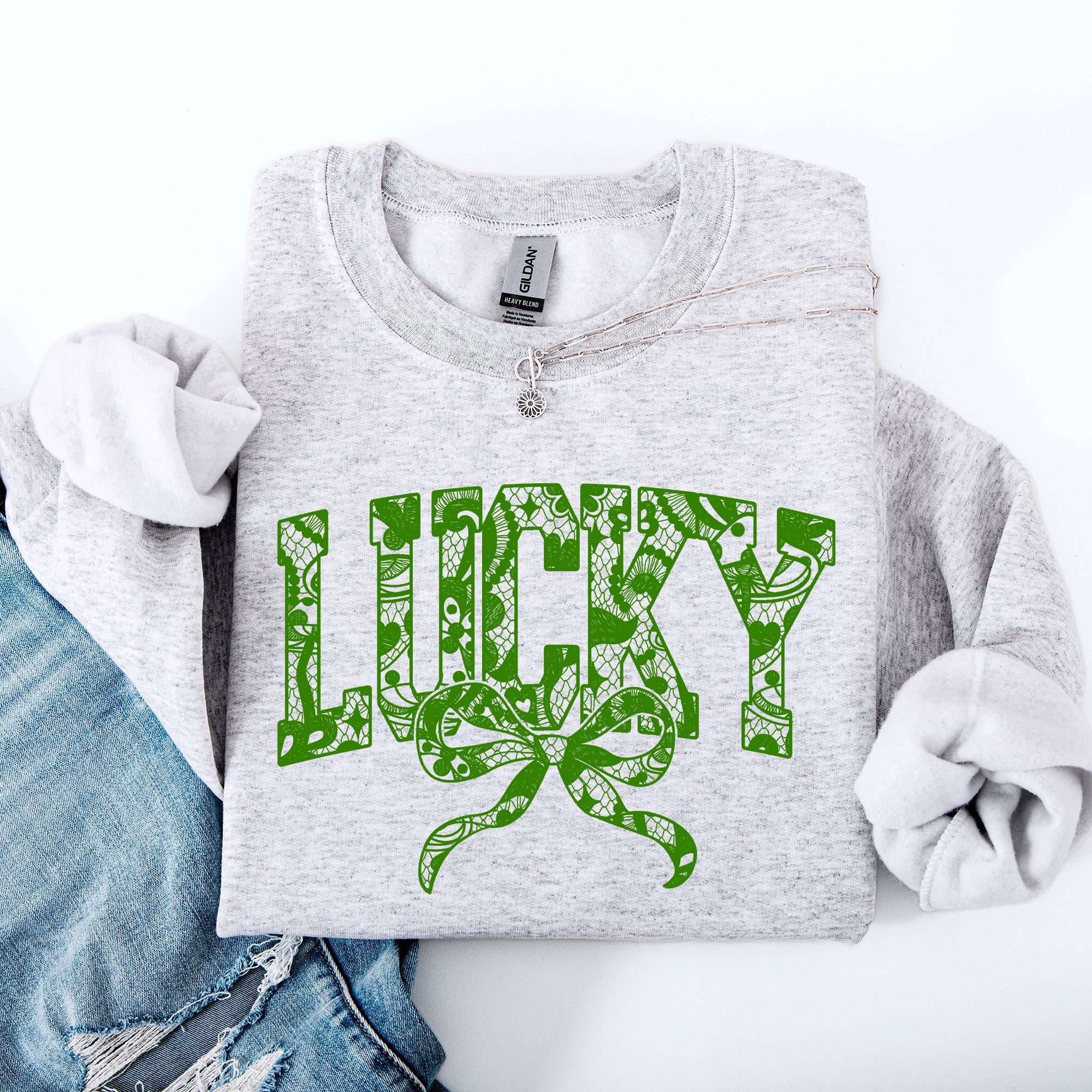 Lucky Lace Coquette Ribbon Leprechaun St Patrick's Day Shamrock Clover Sweatshirt