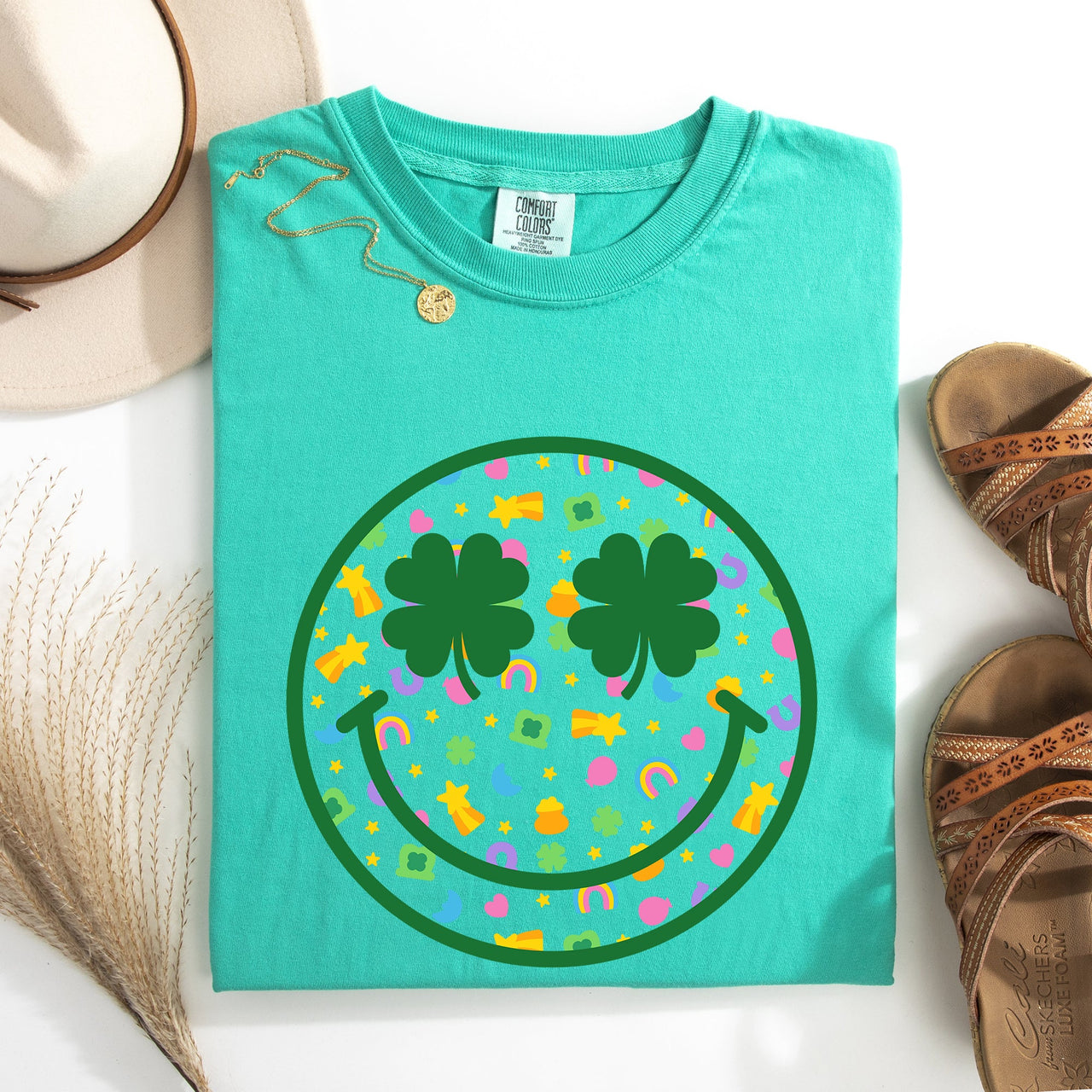 Lucky Smiley Retro Charms St Patrick's Day Shamrock Clover Leprechaun Comfort Colors Tee