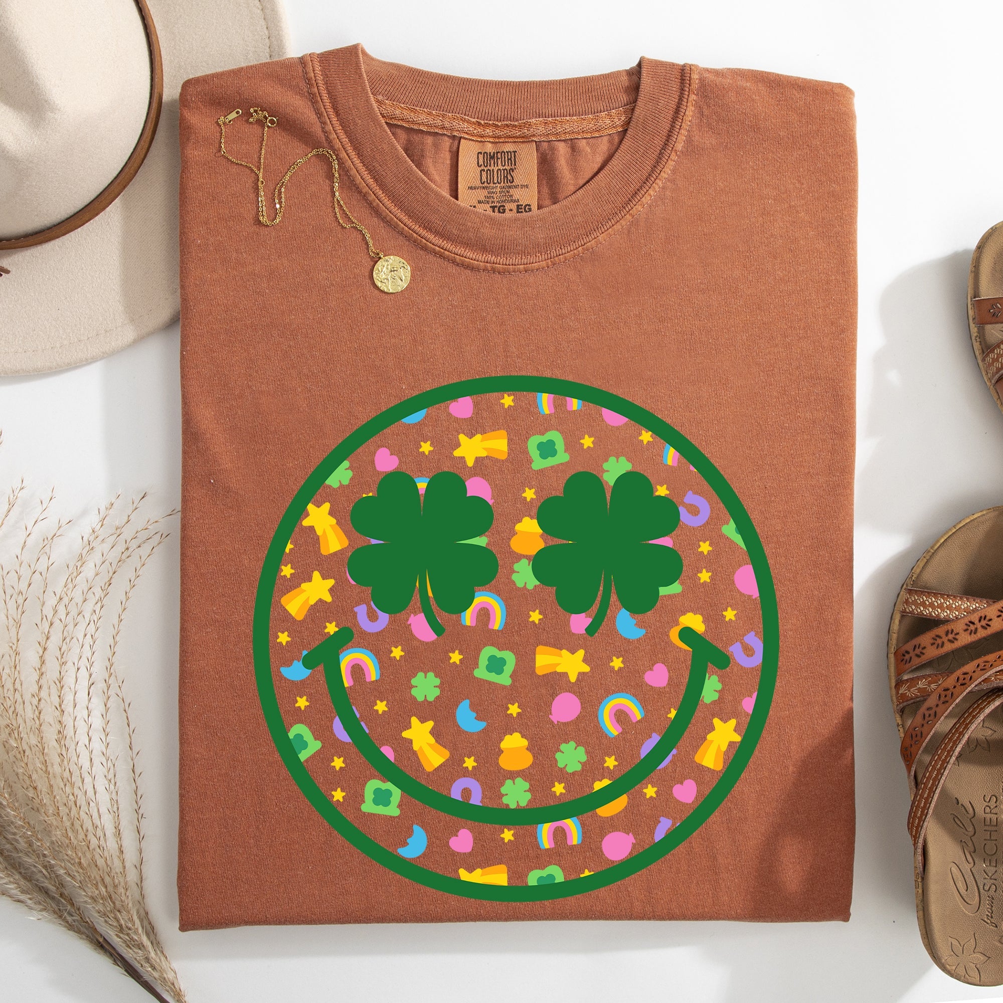 Lucky Smiley Retro Charms St Patrick's Day Shamrock Clover Leprechaun Comfort Colors Tee