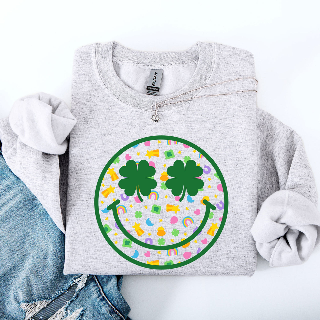 Lucky Smiley Retro Charms St Patrick's Day Shamrock Clover Leprechaun Sweatshirt