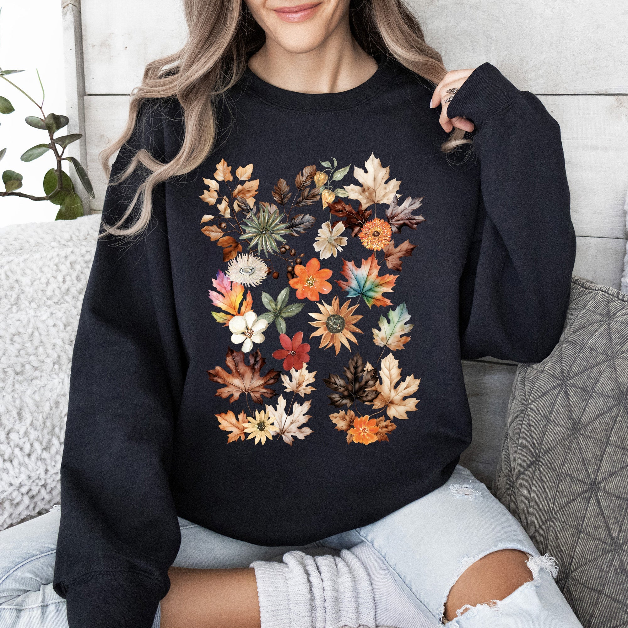 Lush Leaves Artistic Floral Print Botanical Garden Collection Premium Hand Drawn Floral Artwork Sweatshirt