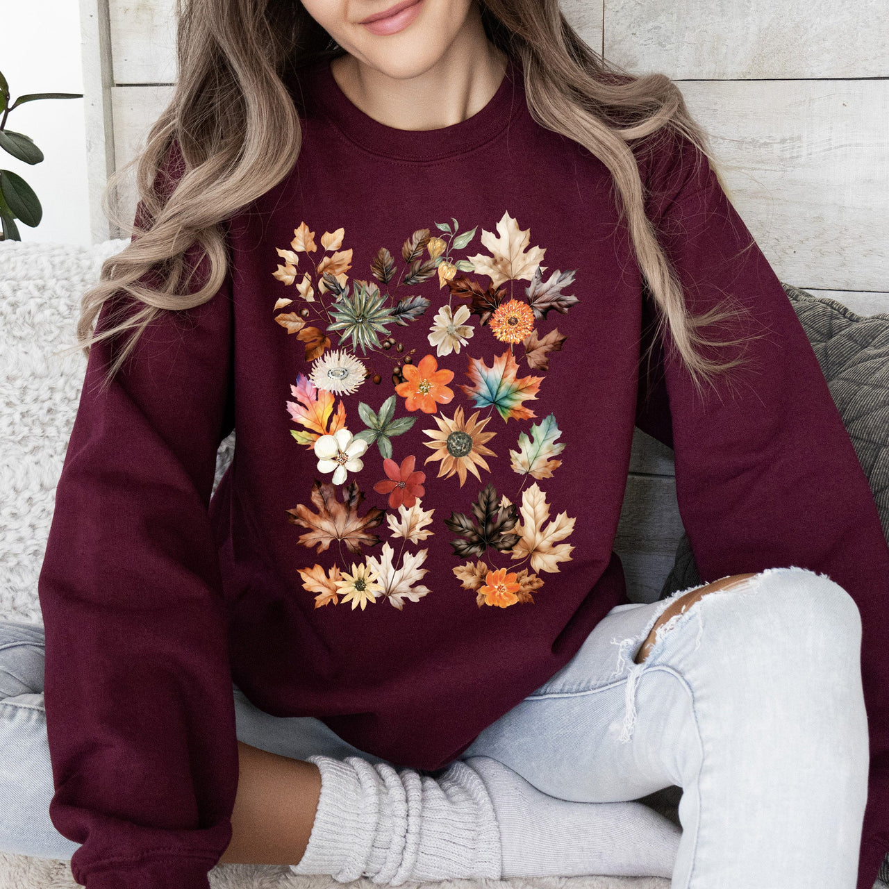 Lush Leaves Artistic Floral Print Botanical Garden Collection Premium Hand Drawn Floral Artwork Sweatshirt