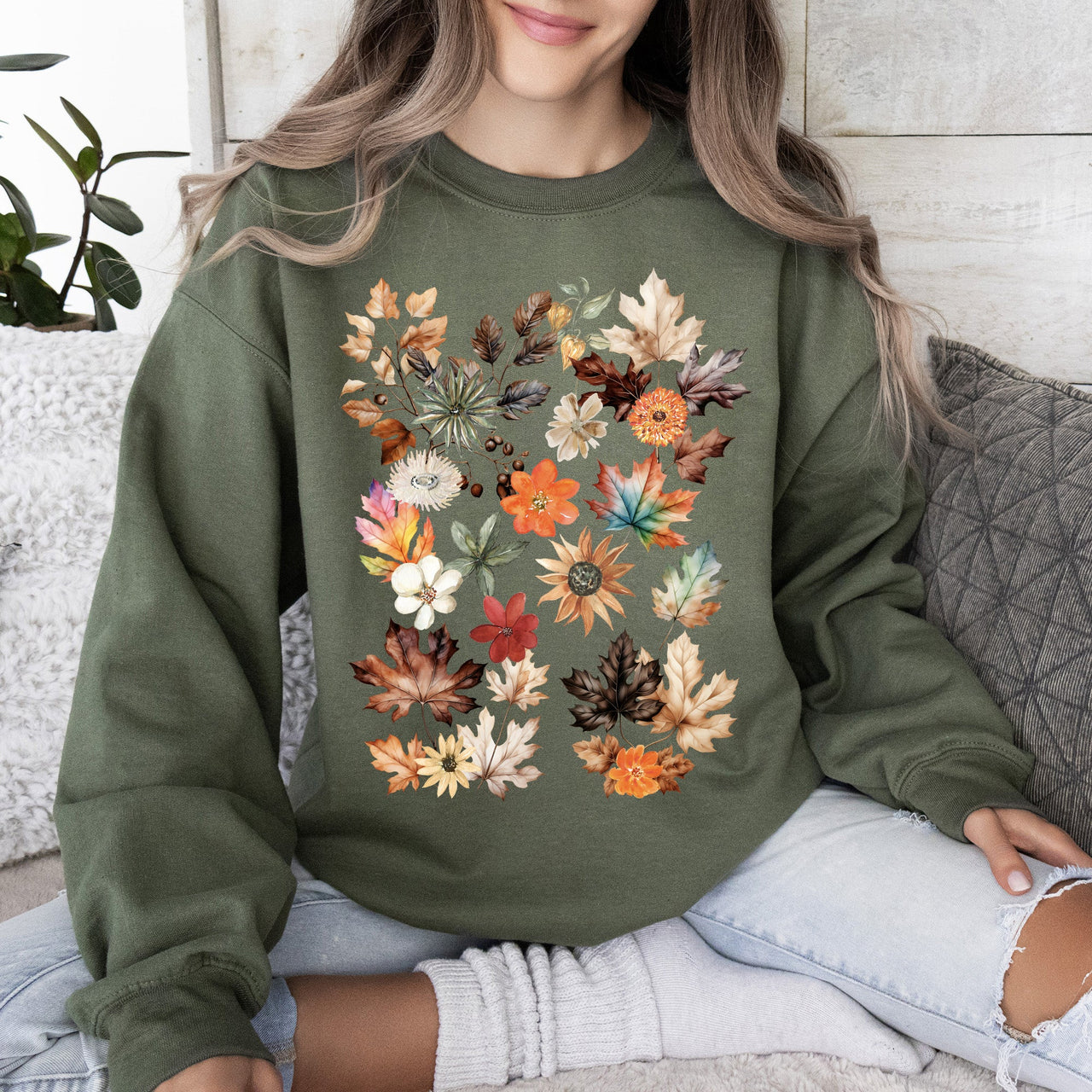 Lush Leaves Artistic Floral Print Botanical Garden Collection Premium Hand Drawn Floral Artwork Sweatshirt