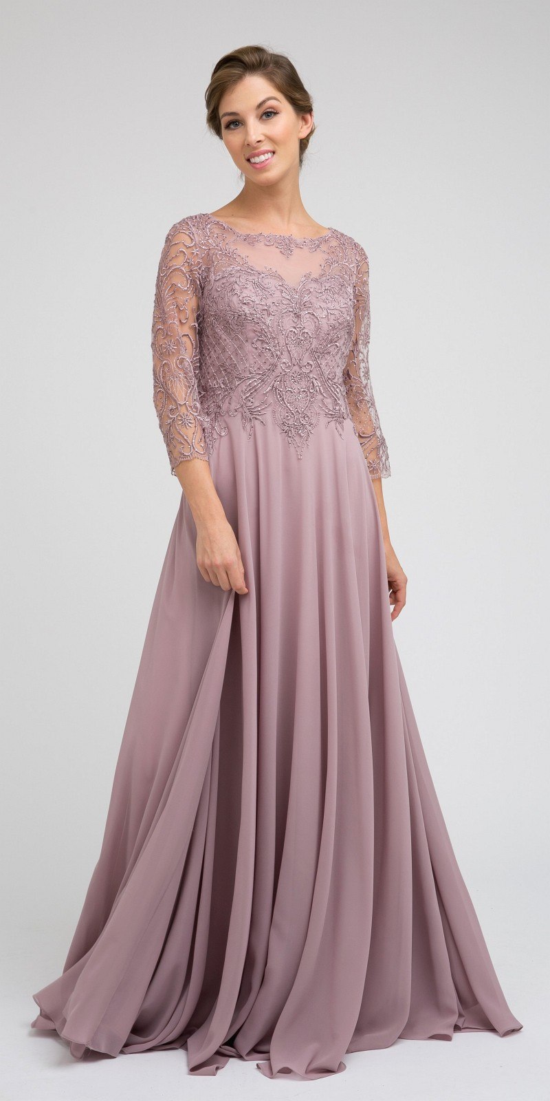 Juliet M11 Appliqued Long A-Line Dress Chiffon Quarter Sleeves