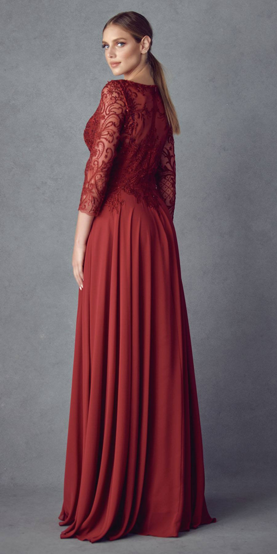 Juliet M11 Appliqued Long A-Line Dress Chiffon Quarter Sleeves