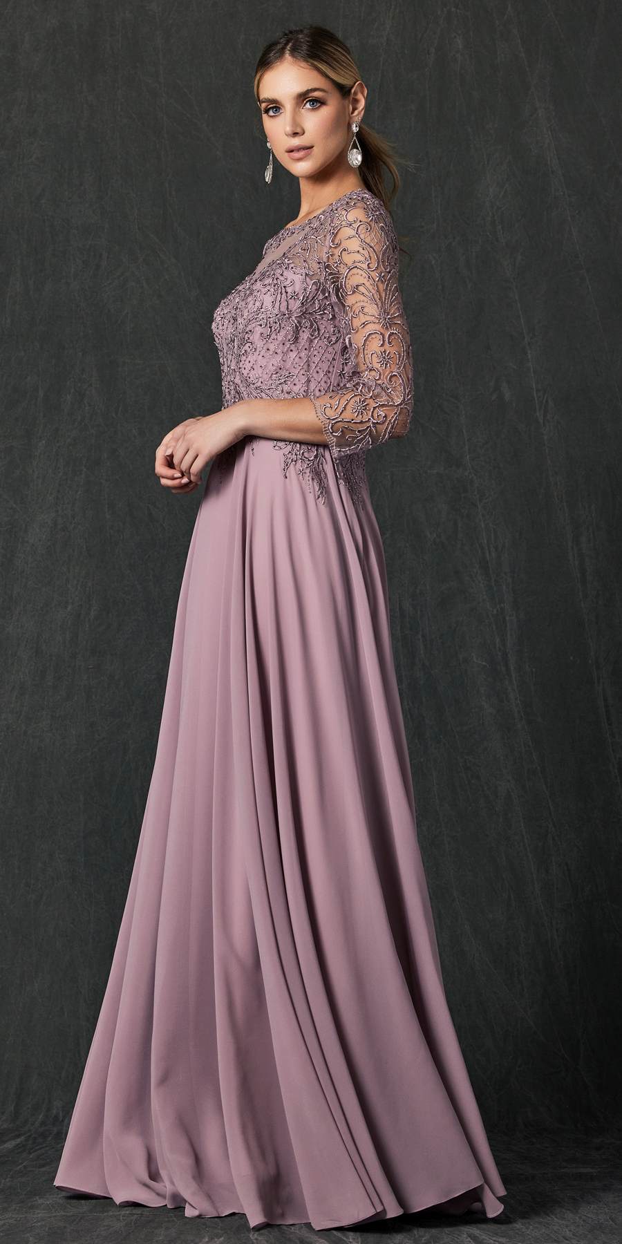 Juliet M11 Appliqued Long A-Line Dress Chiffon Quarter Sleeves