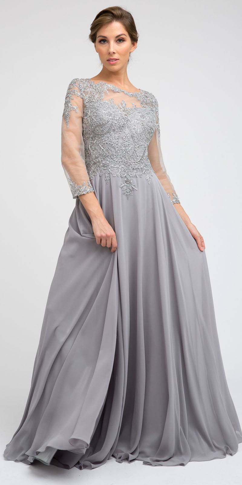 Juliet M12 Quarter Sleeved Embroidered Long A-Line Chiffon Dress
