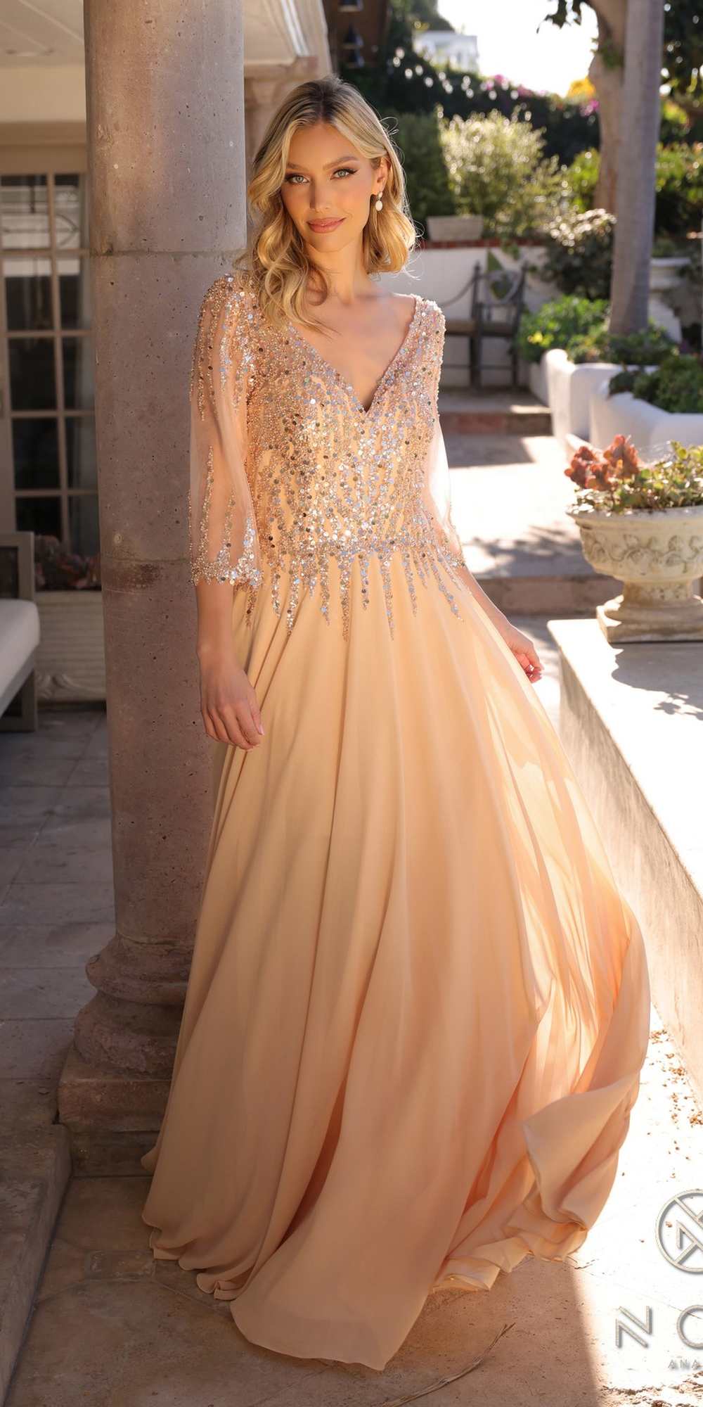 Nox Anabel MF100 Long Sequin Bodice 3/4 Sleeve A-line Gown