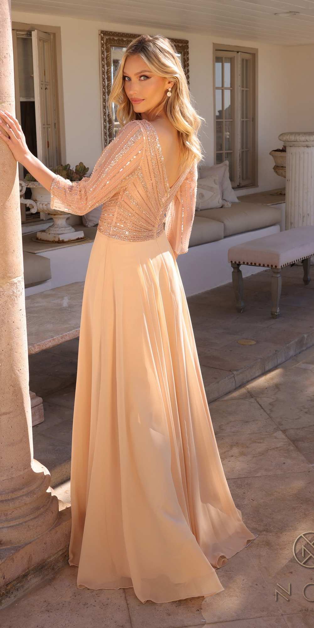Nox Anabel MF101 Long V-Neck Embellished Bodice 3/4 Sleeve A-line Gown