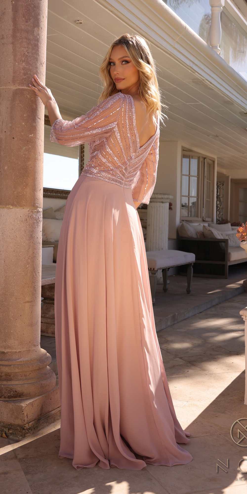Nox Anabel MF101 Long V-Neck Embellished Bodice 3/4 Sleeve A-line Gown